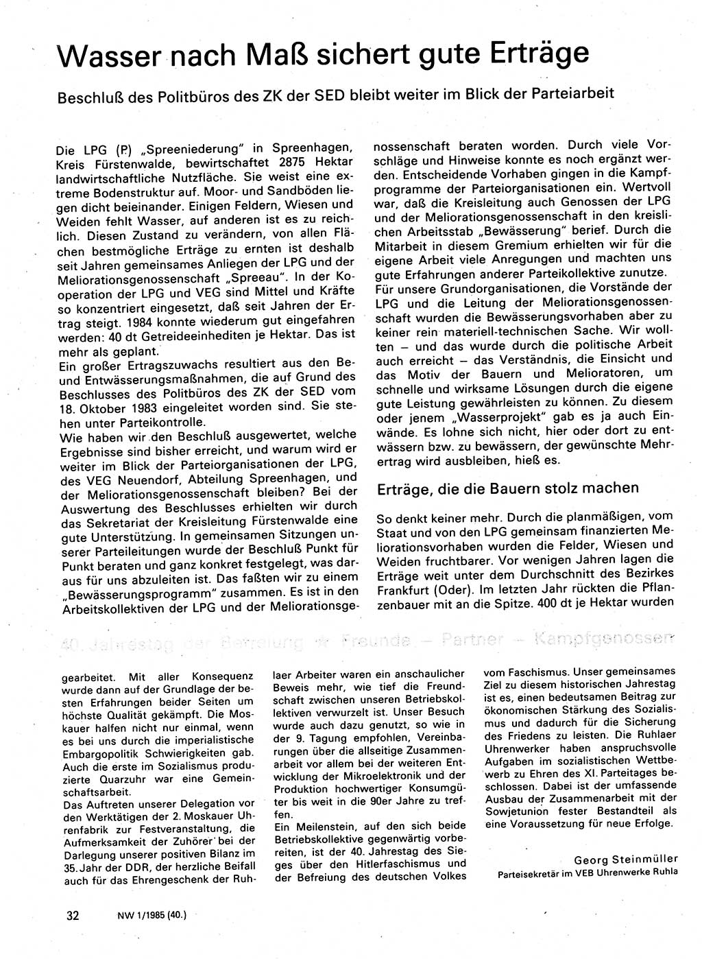 Neuer Weg (NW), Organ des Zentralkomitees (ZK) der SED (Sozialistische Einheitspartei Deutschlands) für Fragen des Parteilebens, 40. Jahrgang [Deutsche Demokratische Republik (DDR)] 1985, Seite 32 (NW ZK SED DDR 1985, S. 32)