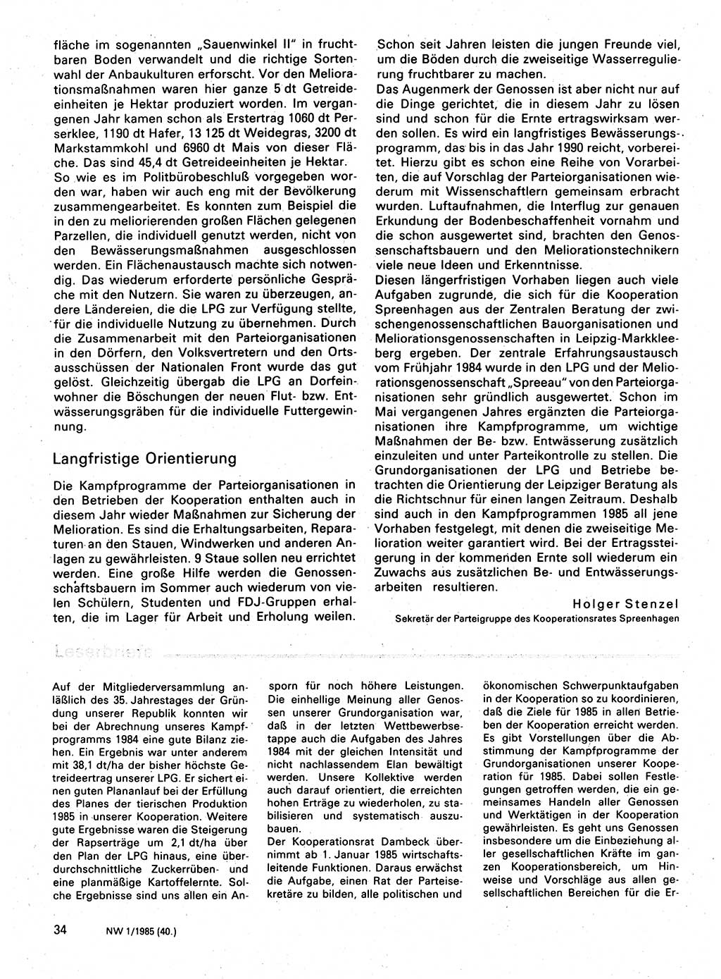 Neuer Weg (NW), Organ des Zentralkomitees (ZK) der SED (Sozialistische Einheitspartei Deutschlands) für Fragen des Parteilebens, 40. Jahrgang [Deutsche Demokratische Republik (DDR)] 1985, Seite 34 (NW ZK SED DDR 1985, S. 34)