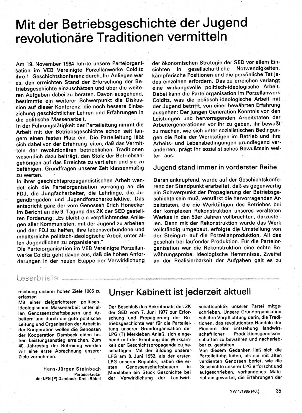 Neuer Weg (NW), Organ des Zentralkomitees (ZK) der SED (Sozialistische Einheitspartei Deutschlands) für Fragen des Parteilebens, 40. Jahrgang [Deutsche Demokratische Republik (DDR)] 1985, Seite 35 (NW ZK SED DDR 1985, S. 35)