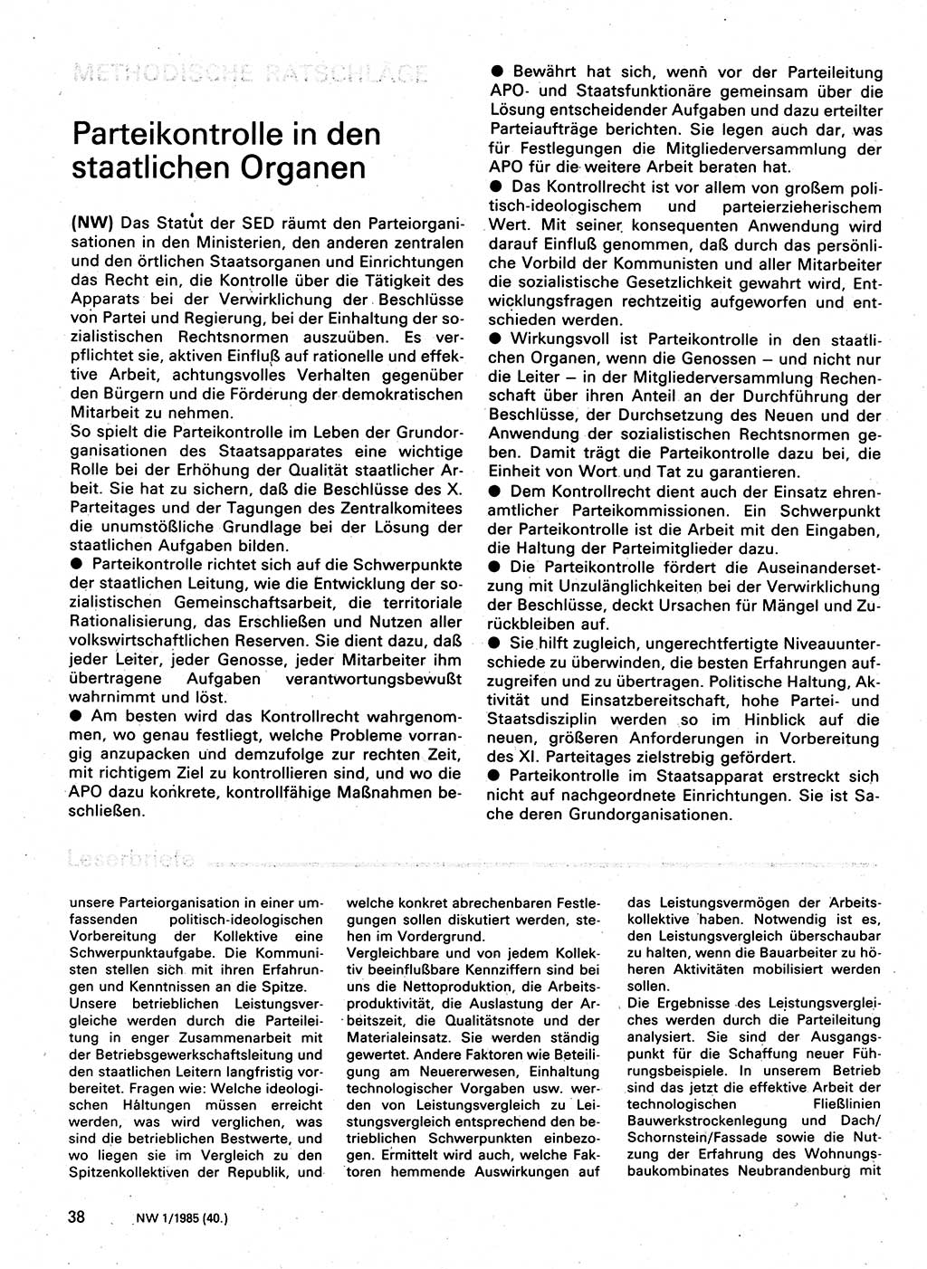 Neuer Weg (NW), Organ des Zentralkomitees (ZK) der SED (Sozialistische Einheitspartei Deutschlands) für Fragen des Parteilebens, 40. Jahrgang [Deutsche Demokratische Republik (DDR)] 1985, Seite 38 (NW ZK SED DDR 1985, S. 38)
