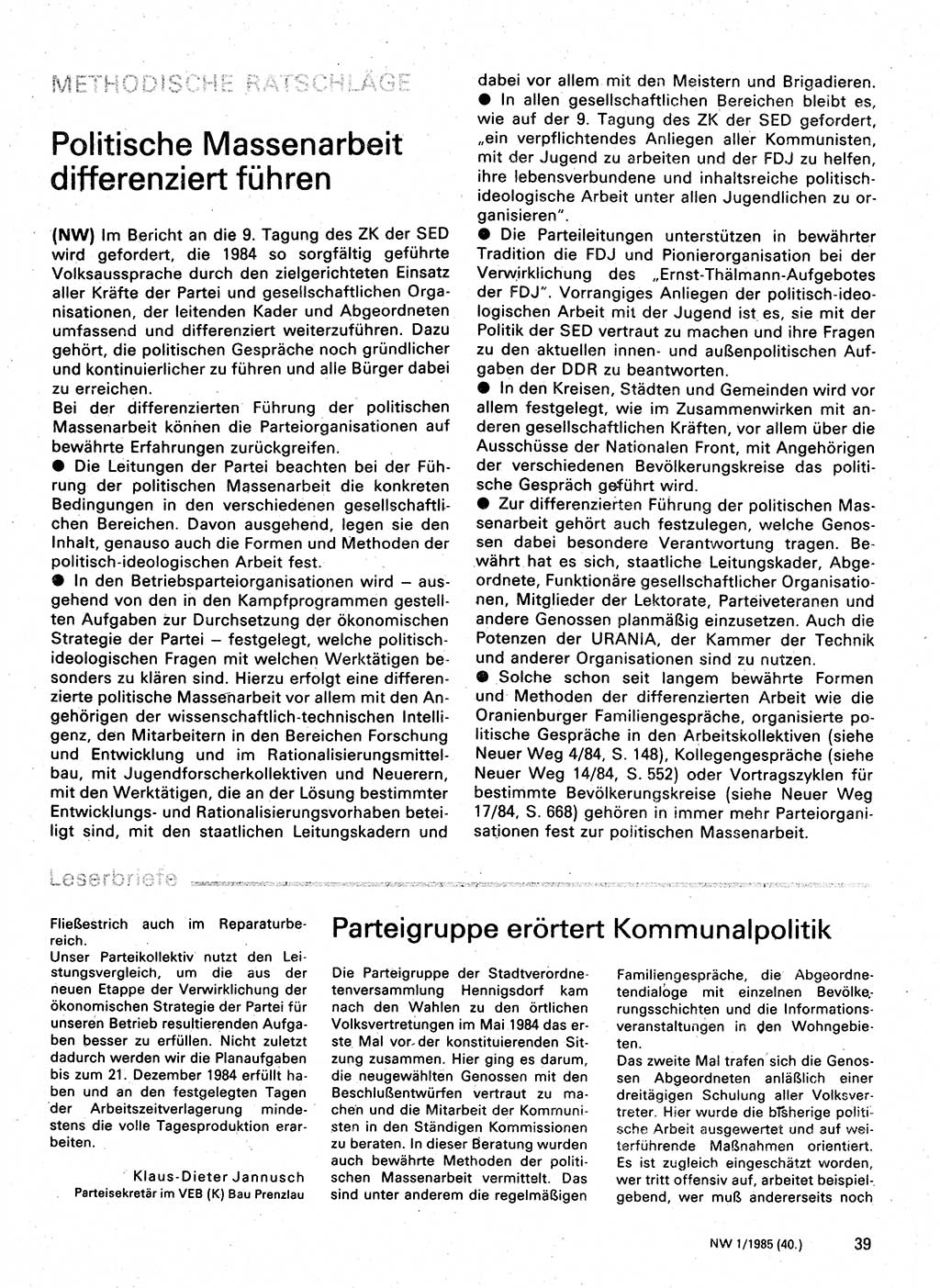 Neuer Weg (NW), Organ des Zentralkomitees (ZK) der SED (Sozialistische Einheitspartei Deutschlands) für Fragen des Parteilebens, 40. Jahrgang [Deutsche Demokratische Republik (DDR)] 1985, Seite 39 (NW ZK SED DDR 1985, S. 39)