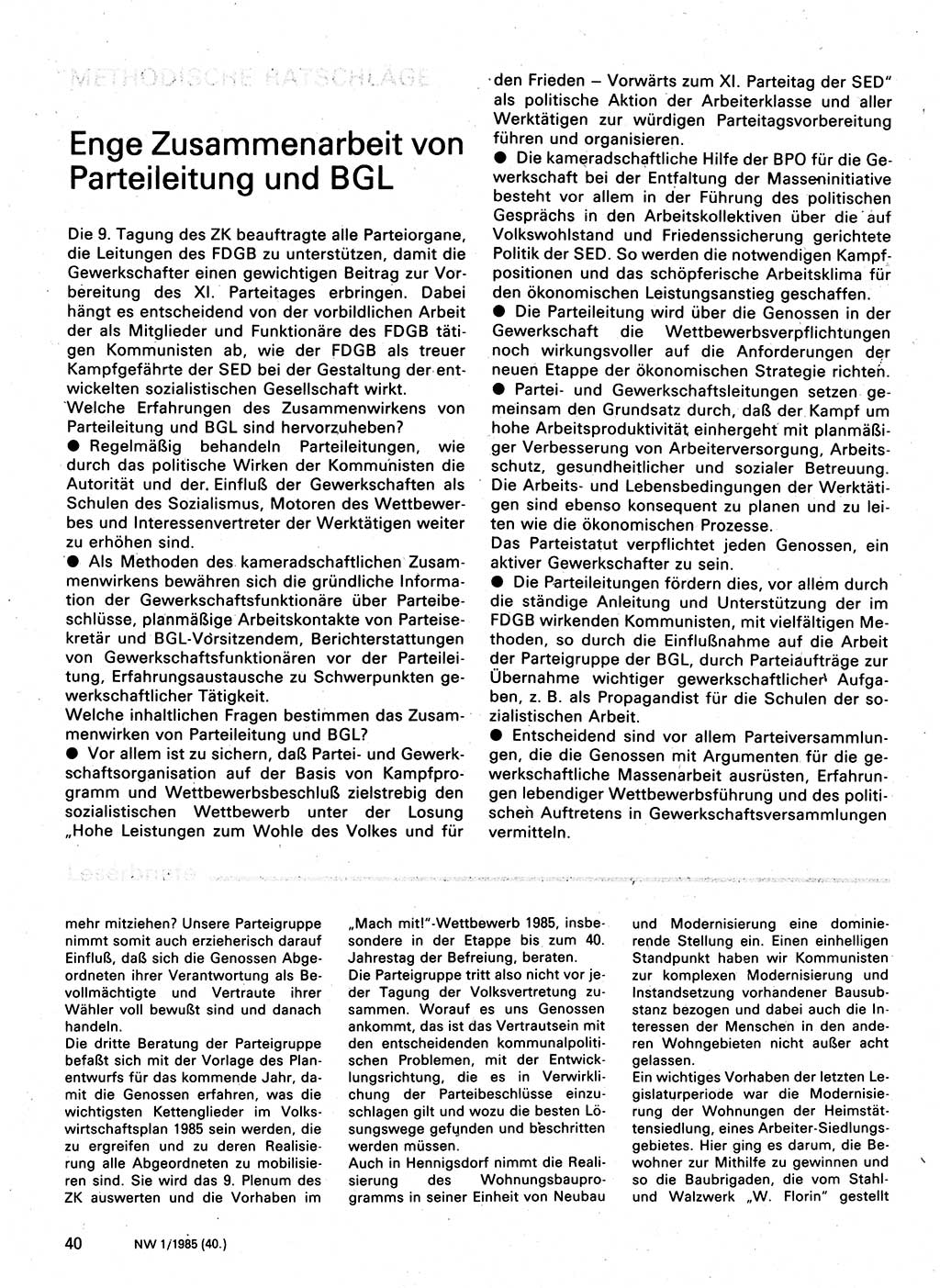 Neuer Weg (NW), Organ des Zentralkomitees (ZK) der SED (Sozialistische Einheitspartei Deutschlands) für Fragen des Parteilebens, 40. Jahrgang [Deutsche Demokratische Republik (DDR)] 1985, Seite 40 (NW ZK SED DDR 1985, S. 40)
