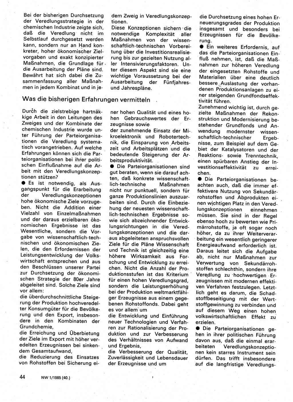 Neuer Weg (NW), Organ des Zentralkomitees (ZK) der SED (Sozialistische Einheitspartei Deutschlands) für Fragen des Parteilebens, 40. Jahrgang [Deutsche Demokratische Republik (DDR)] 1985, Seite 44 (NW ZK SED DDR 1985, S. 44)
