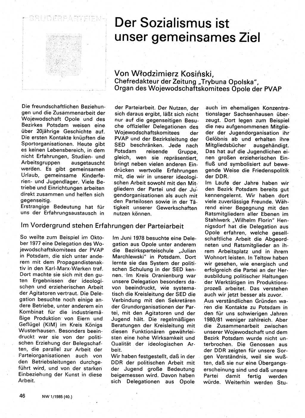 Neuer Weg (NW), Organ des Zentralkomitees (ZK) der SED (Sozialistische Einheitspartei Deutschlands) für Fragen des Parteilebens, 40. Jahrgang [Deutsche Demokratische Republik (DDR)] 1985, Seite 46 (NW ZK SED DDR 1985, S. 46)