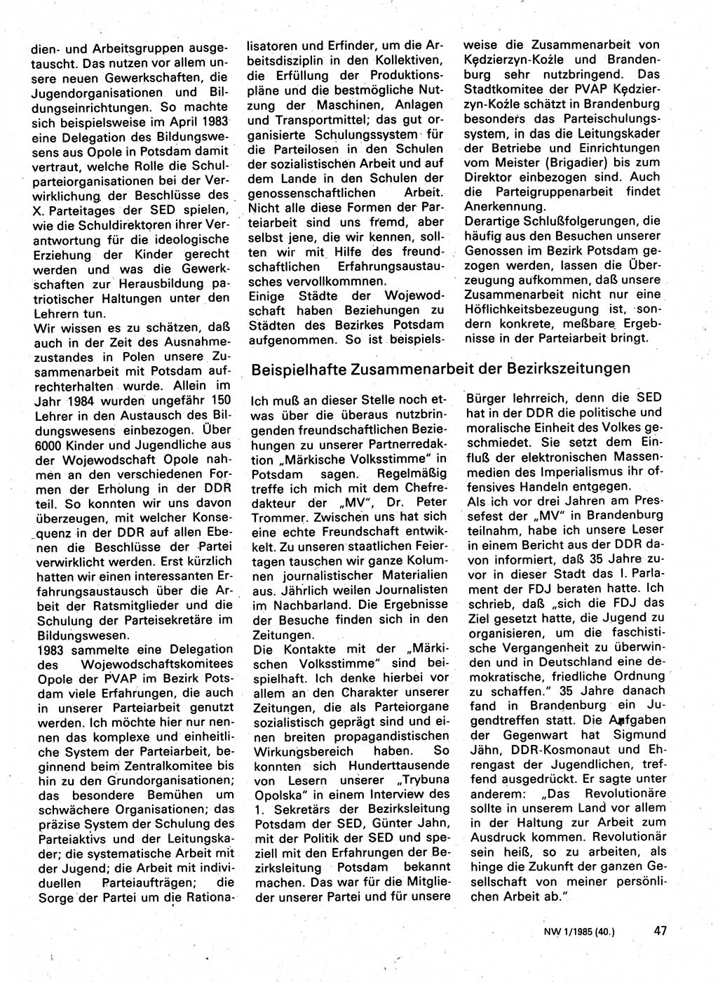 Neuer Weg (NW), Organ des Zentralkomitees (ZK) der SED (Sozialistische Einheitspartei Deutschlands) für Fragen des Parteilebens, 40. Jahrgang [Deutsche Demokratische Republik (DDR)] 1985, Seite 47 (NW ZK SED DDR 1985, S. 47)