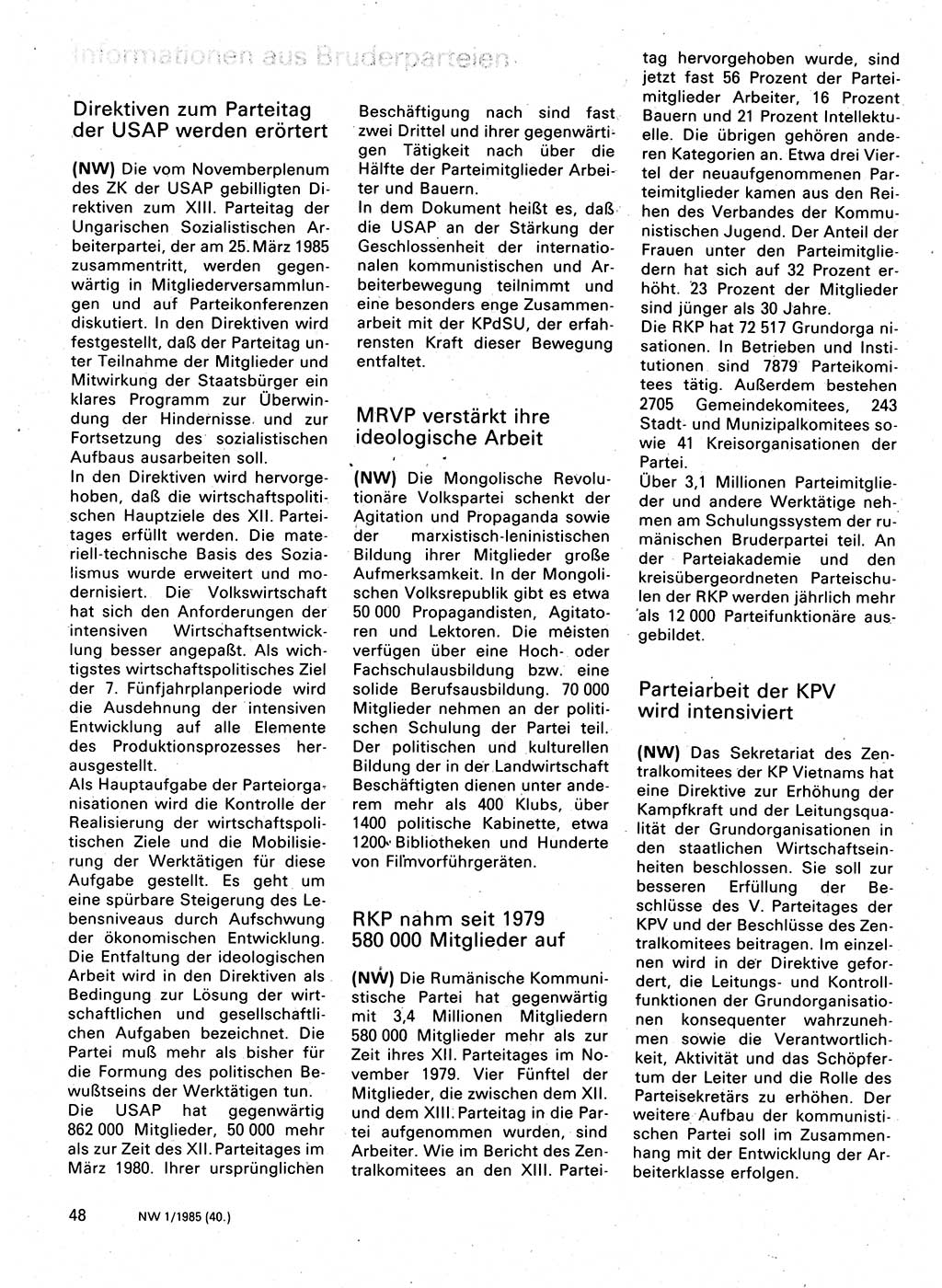 Neuer Weg (NW), Organ des Zentralkomitees (ZK) der SED (Sozialistische Einheitspartei Deutschlands) für Fragen des Parteilebens, 40. Jahrgang [Deutsche Demokratische Republik (DDR)] 1985, Seite 48 (NW ZK SED DDR 1985, S. 48)