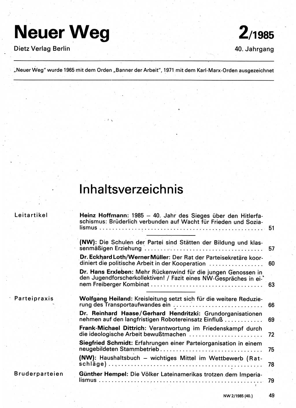 Neuer Weg (NW), Organ des Zentralkomitees (ZK) der SED (Sozialistische Einheitspartei Deutschlands) für Fragen des Parteilebens, 40. Jahrgang [Deutsche Demokratische Republik (DDR)] 1985, Seite 49 (NW ZK SED DDR 1985, S. 49)