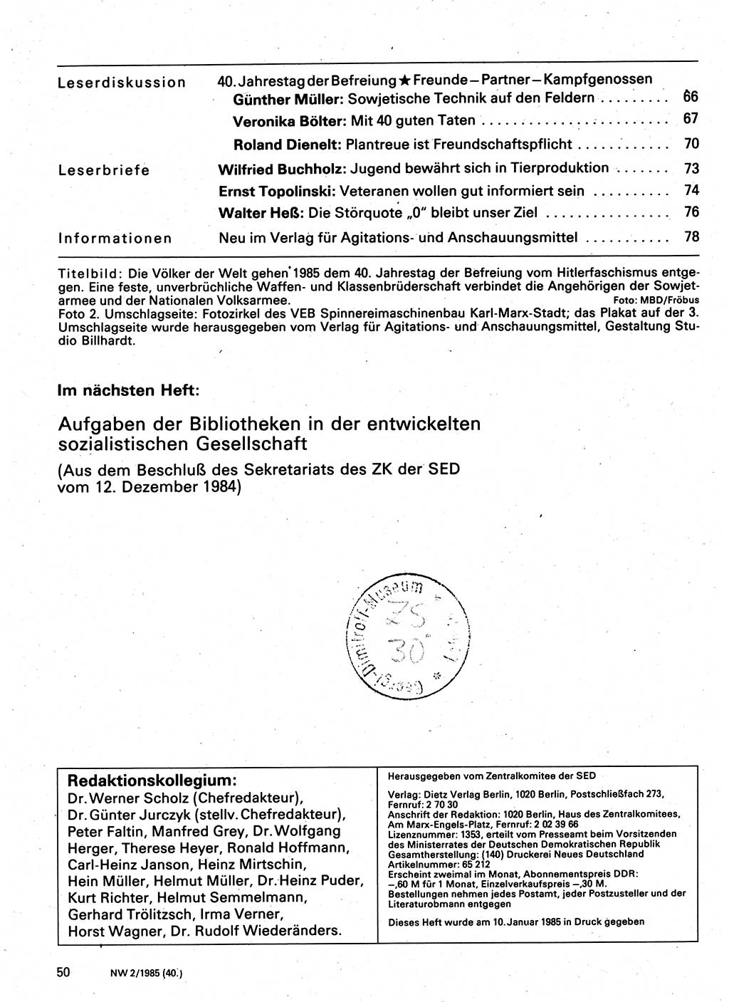 Neuer Weg (NW), Organ des Zentralkomitees (ZK) der SED (Sozialistische Einheitspartei Deutschlands) für Fragen des Parteilebens, 40. Jahrgang [Deutsche Demokratische Republik (DDR)] 1985, Seite 50 (NW ZK SED DDR 1985, S. 50)