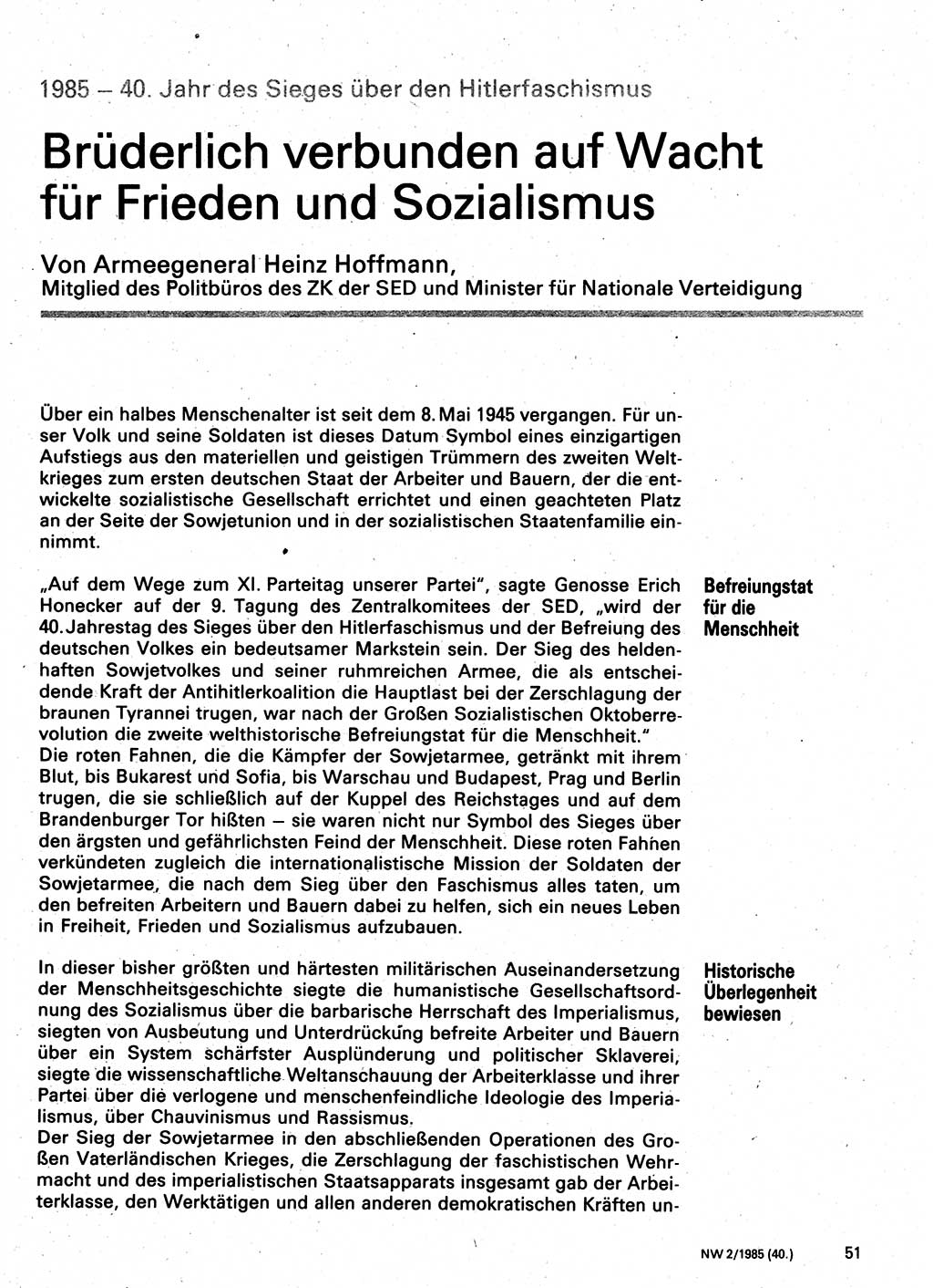 Neuer Weg (NW), Organ des Zentralkomitees (ZK) der SED (Sozialistische Einheitspartei Deutschlands) für Fragen des Parteilebens, 40. Jahrgang [Deutsche Demokratische Republik (DDR)] 1985, Seite 51 (NW ZK SED DDR 1985, S. 51)