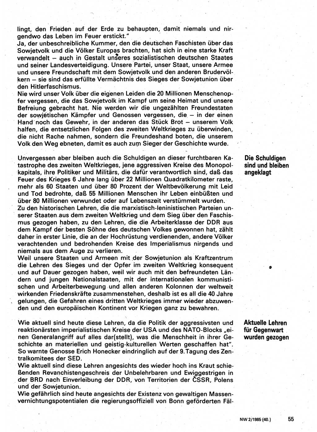 Neuer Weg (NW), Organ des Zentralkomitees (ZK) der SED (Sozialistische Einheitspartei Deutschlands) für Fragen des Parteilebens, 40. Jahrgang [Deutsche Demokratische Republik (DDR)] 1985, Seite 55 (NW ZK SED DDR 1985, S. 55)