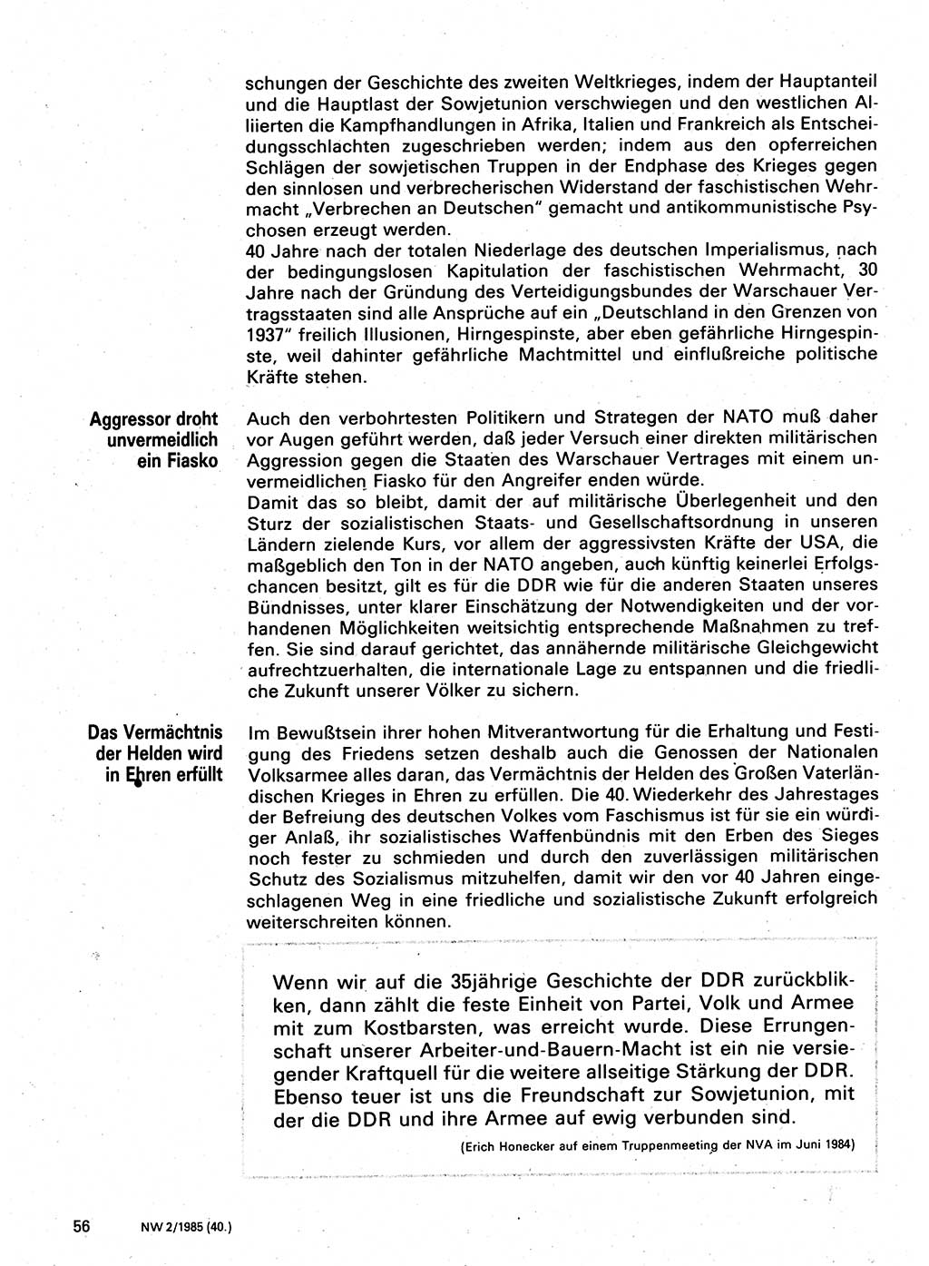 Neuer Weg (NW), Organ des Zentralkomitees (ZK) der SED (Sozialistische Einheitspartei Deutschlands) für Fragen des Parteilebens, 40. Jahrgang [Deutsche Demokratische Republik (DDR)] 1985, Seite 56 (NW ZK SED DDR 1985, S. 56)