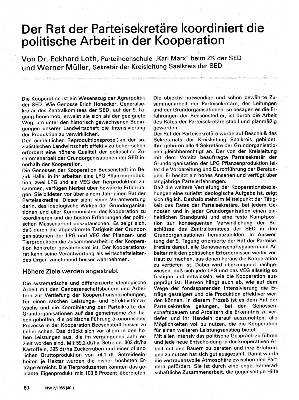 Neuer Weg (NW), Organ des Zentralkomitees (ZK) der SED (Sozialistische Einheitspartei Deutschlands) für Fragen des Parteilebens, 40. Jahrgang [Deutsche Demokratische Republik (DDR)] 1985, Seite 60 (NW ZK SED DDR 1985, S. 60)