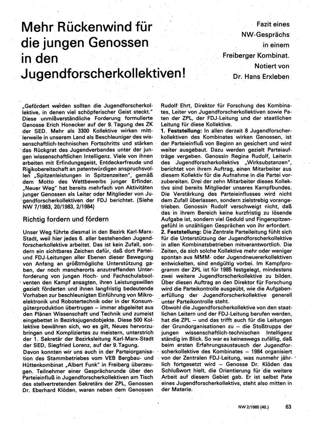 Neuer Weg (NW), Organ des Zentralkomitees (ZK) der SED (Sozialistische Einheitspartei Deutschlands) für Fragen des Parteilebens, 40. Jahrgang [Deutsche Demokratische Republik (DDR)] 1985, Seite 63 (NW ZK SED DDR 1985, S. 63)