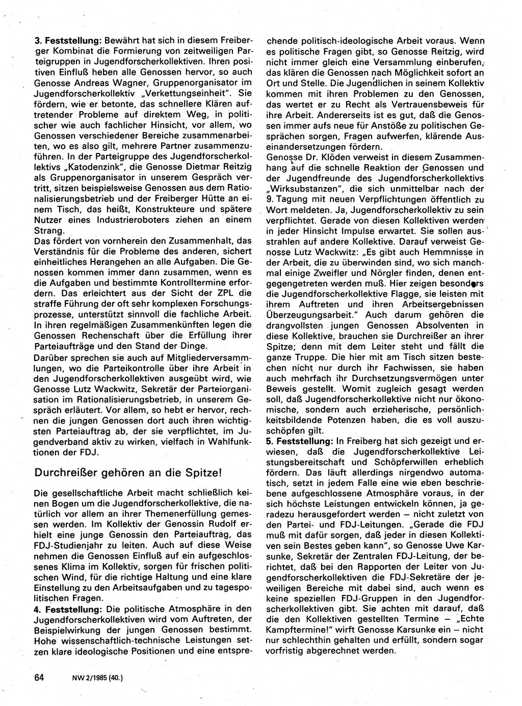 Neuer Weg (NW), Organ des Zentralkomitees (ZK) der SED (Sozialistische Einheitspartei Deutschlands) für Fragen des Parteilebens, 40. Jahrgang [Deutsche Demokratische Republik (DDR)] 1985, Seite 64 (NW ZK SED DDR 1985, S. 64)