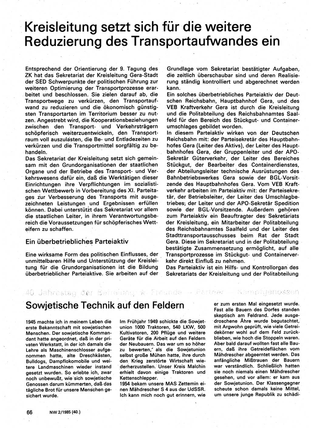 Neuer Weg (NW), Organ des Zentralkomitees (ZK) der SED (Sozialistische Einheitspartei Deutschlands) für Fragen des Parteilebens, 40. Jahrgang [Deutsche Demokratische Republik (DDR)] 1985, Seite 66 (NW ZK SED DDR 1985, S. 66)