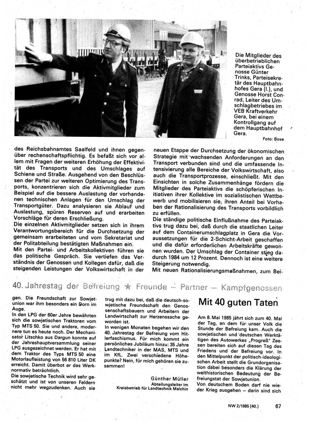 Neuer Weg (NW), Organ des Zentralkomitees (ZK) der SED (Sozialistische Einheitspartei Deutschlands) für Fragen des Parteilebens, 40. Jahrgang [Deutsche Demokratische Republik (DDR)] 1985, Seite 67 (NW ZK SED DDR 1985, S. 67)