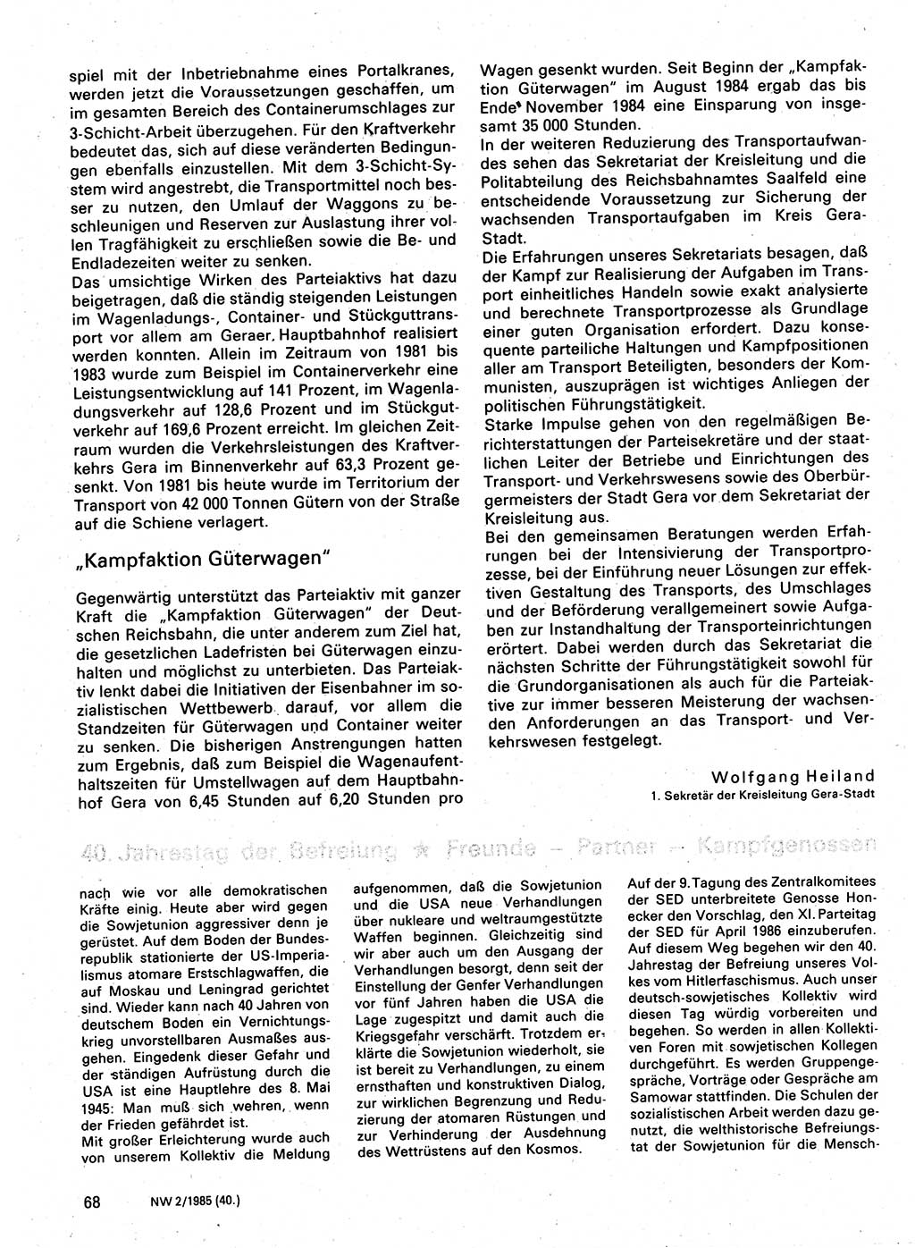 Neuer Weg (NW), Organ des Zentralkomitees (ZK) der SED (Sozialistische Einheitspartei Deutschlands) für Fragen des Parteilebens, 40. Jahrgang [Deutsche Demokratische Republik (DDR)] 1985, Seite 68 (NW ZK SED DDR 1985, S. 68)