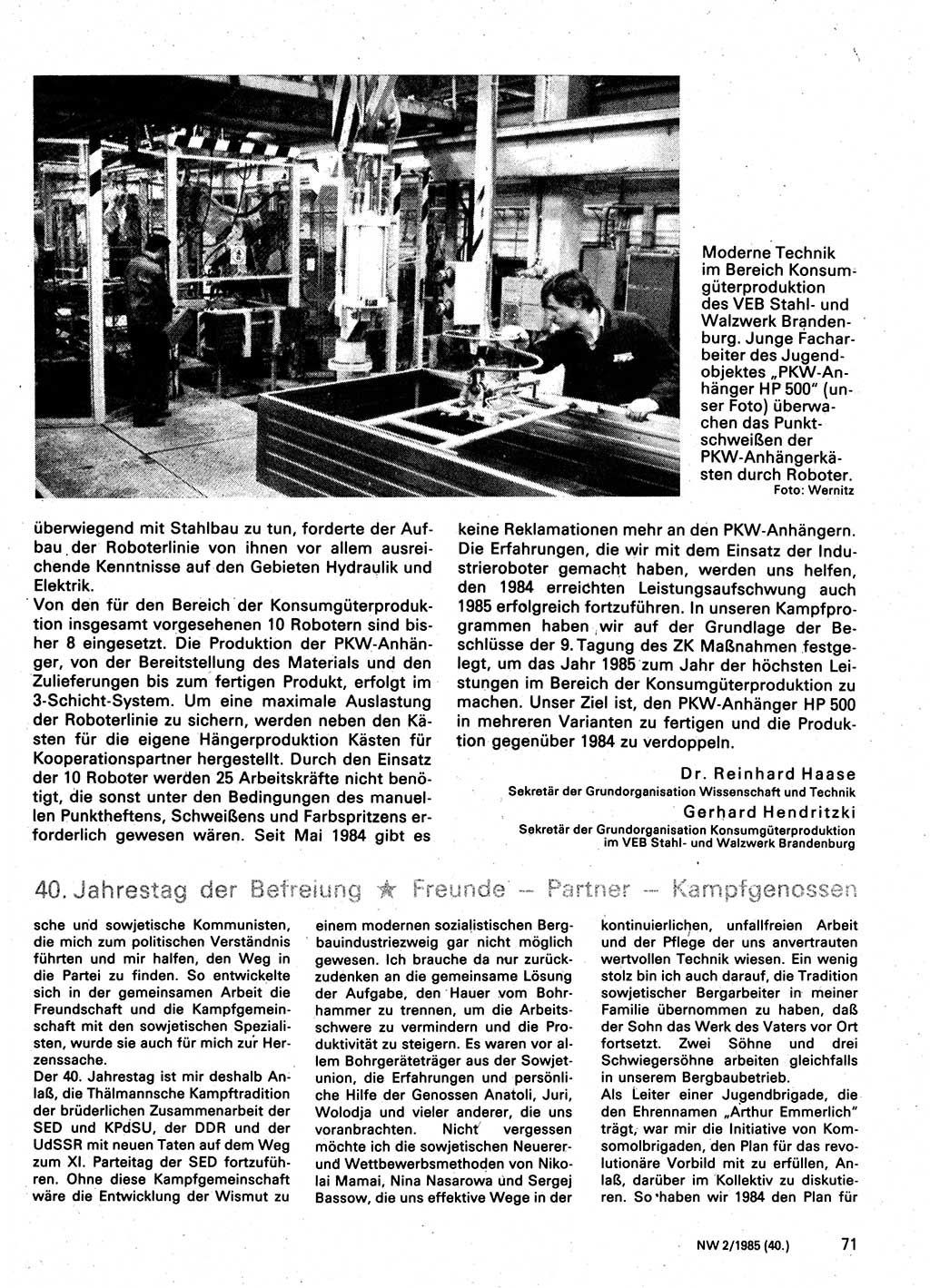 Neuer Weg (NW), Organ des Zentralkomitees (ZK) der SED (Sozialistische Einheitspartei Deutschlands) für Fragen des Parteilebens, 40. Jahrgang [Deutsche Demokratische Republik (DDR)] 1985, Seite 71 (NW ZK SED DDR 1985, S. 71)