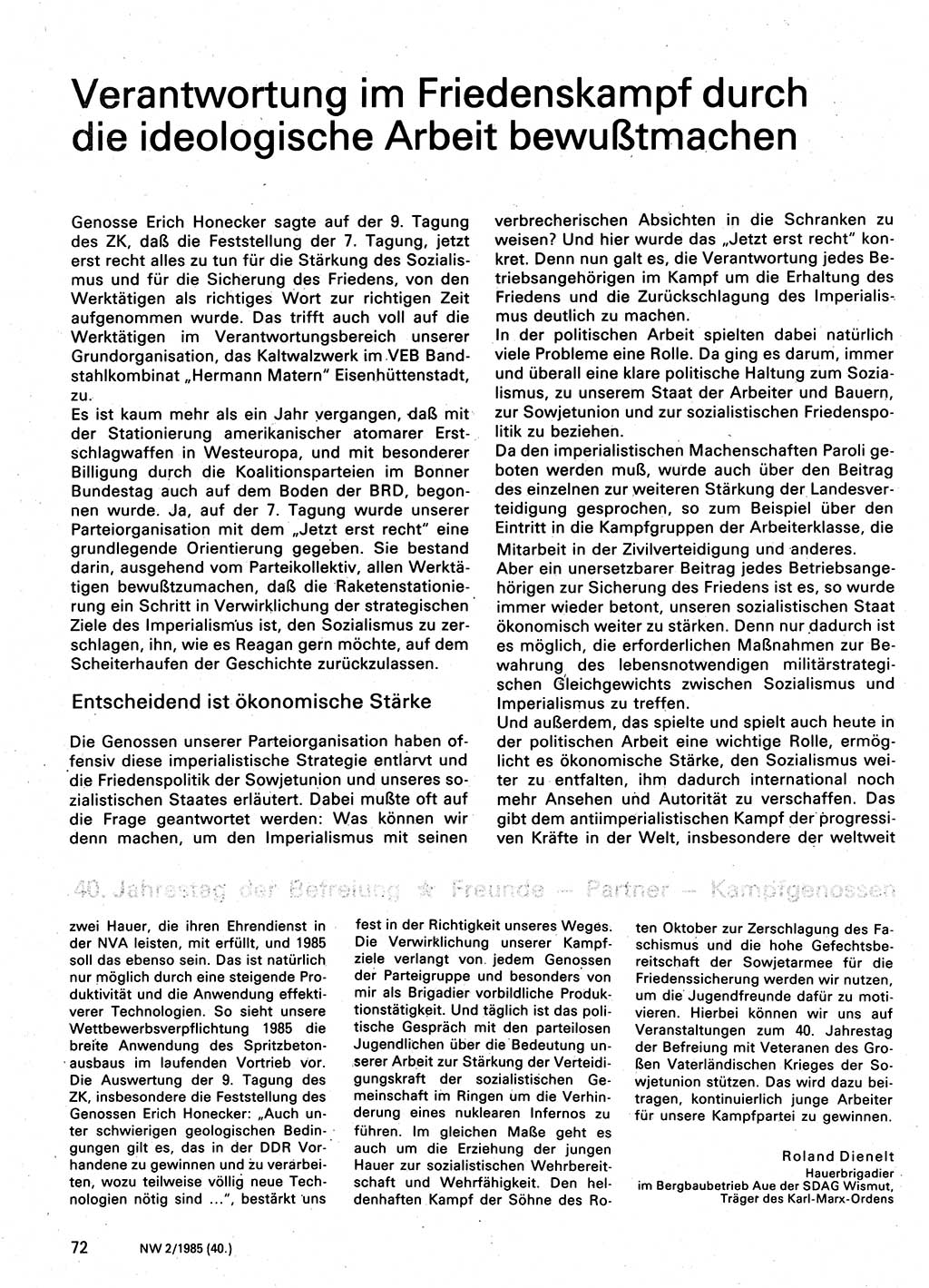 Neuer Weg (NW), Organ des Zentralkomitees (ZK) der SED (Sozialistische Einheitspartei Deutschlands) für Fragen des Parteilebens, 40. Jahrgang [Deutsche Demokratische Republik (DDR)] 1985, Seite 72 (NW ZK SED DDR 1985, S. 72)