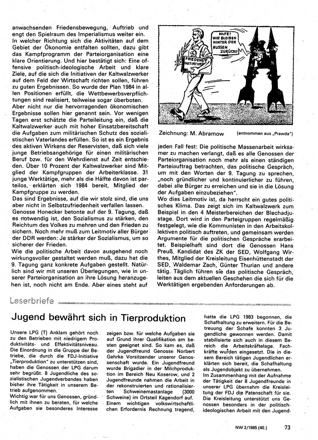 Neuer Weg (NW), Organ des Zentralkomitees (ZK) der SED (Sozialistische Einheitspartei Deutschlands) für Fragen des Parteilebens, 40. Jahrgang [Deutsche Demokratische Republik (DDR)] 1985, Seite 73 (NW ZK SED DDR 1985, S. 73)