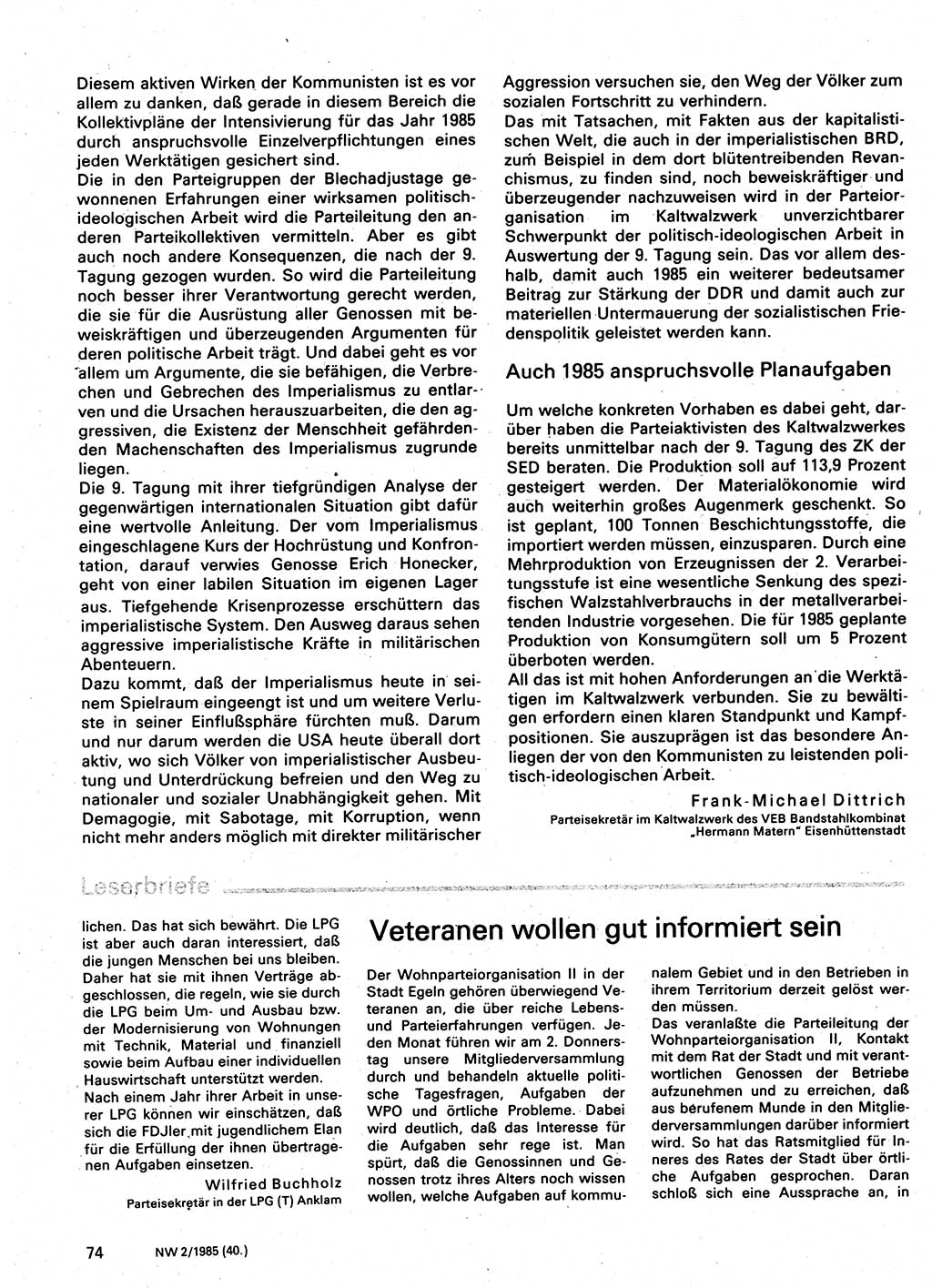 Neuer Weg (NW), Organ des Zentralkomitees (ZK) der SED (Sozialistische Einheitspartei Deutschlands) für Fragen des Parteilebens, 40. Jahrgang [Deutsche Demokratische Republik (DDR)] 1985, Seite 74 (NW ZK SED DDR 1985, S. 74)