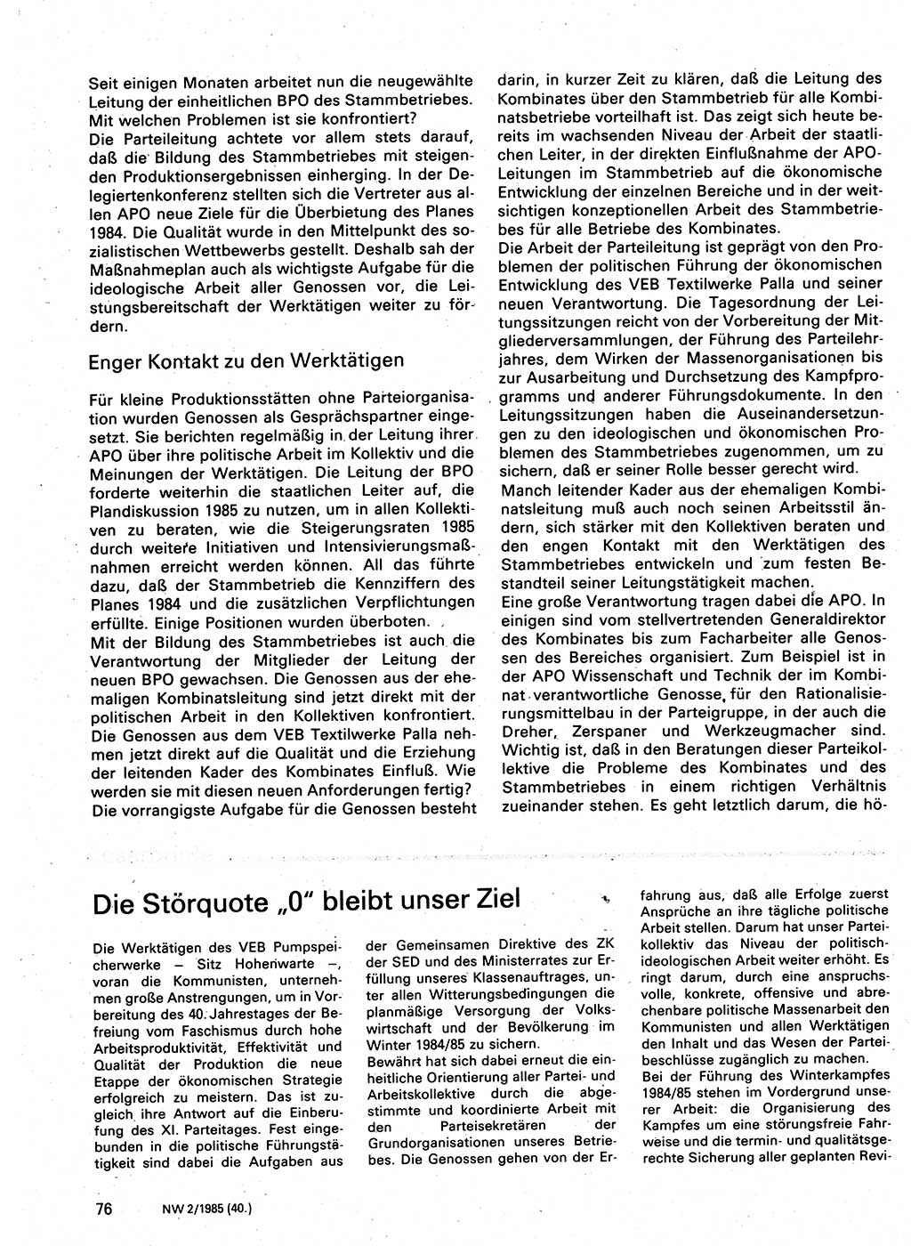 Neuer Weg (NW), Organ des Zentralkomitees (ZK) der SED (Sozialistische Einheitspartei Deutschlands) für Fragen des Parteilebens, 40. Jahrgang [Deutsche Demokratische Republik (DDR)] 1985, Seite 76 (NW ZK SED DDR 1985, S. 76)