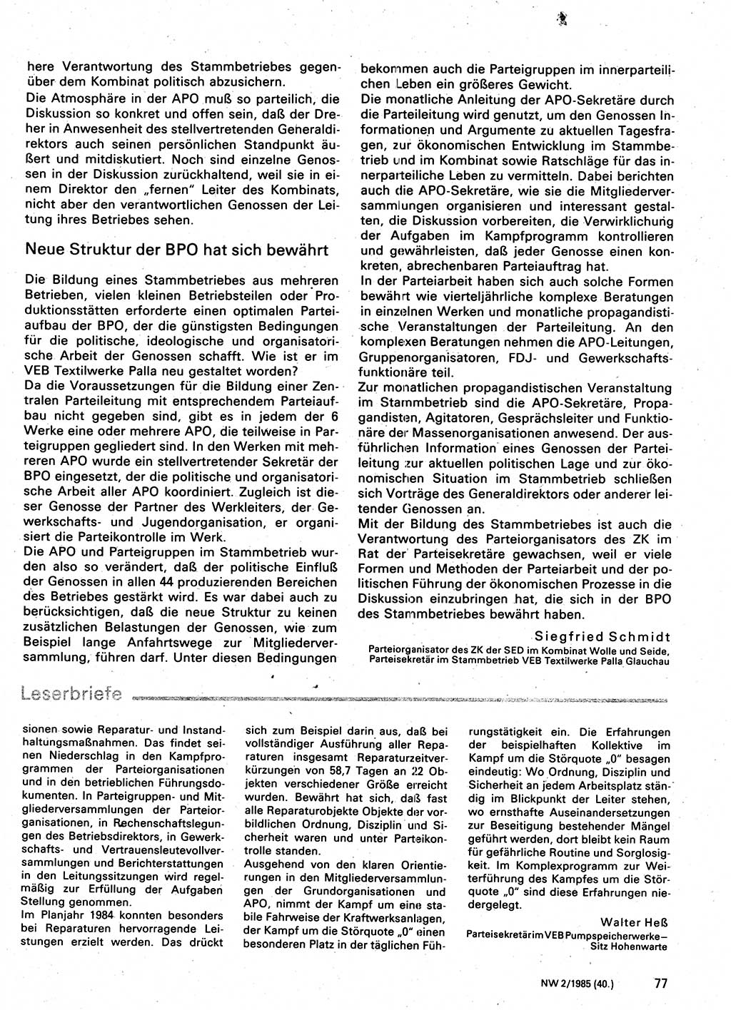 Neuer Weg (NW), Organ des Zentralkomitees (ZK) der SED (Sozialistische Einheitspartei Deutschlands) für Fragen des Parteilebens, 40. Jahrgang [Deutsche Demokratische Republik (DDR)] 1985, Seite 77 (NW ZK SED DDR 1985, S. 77)