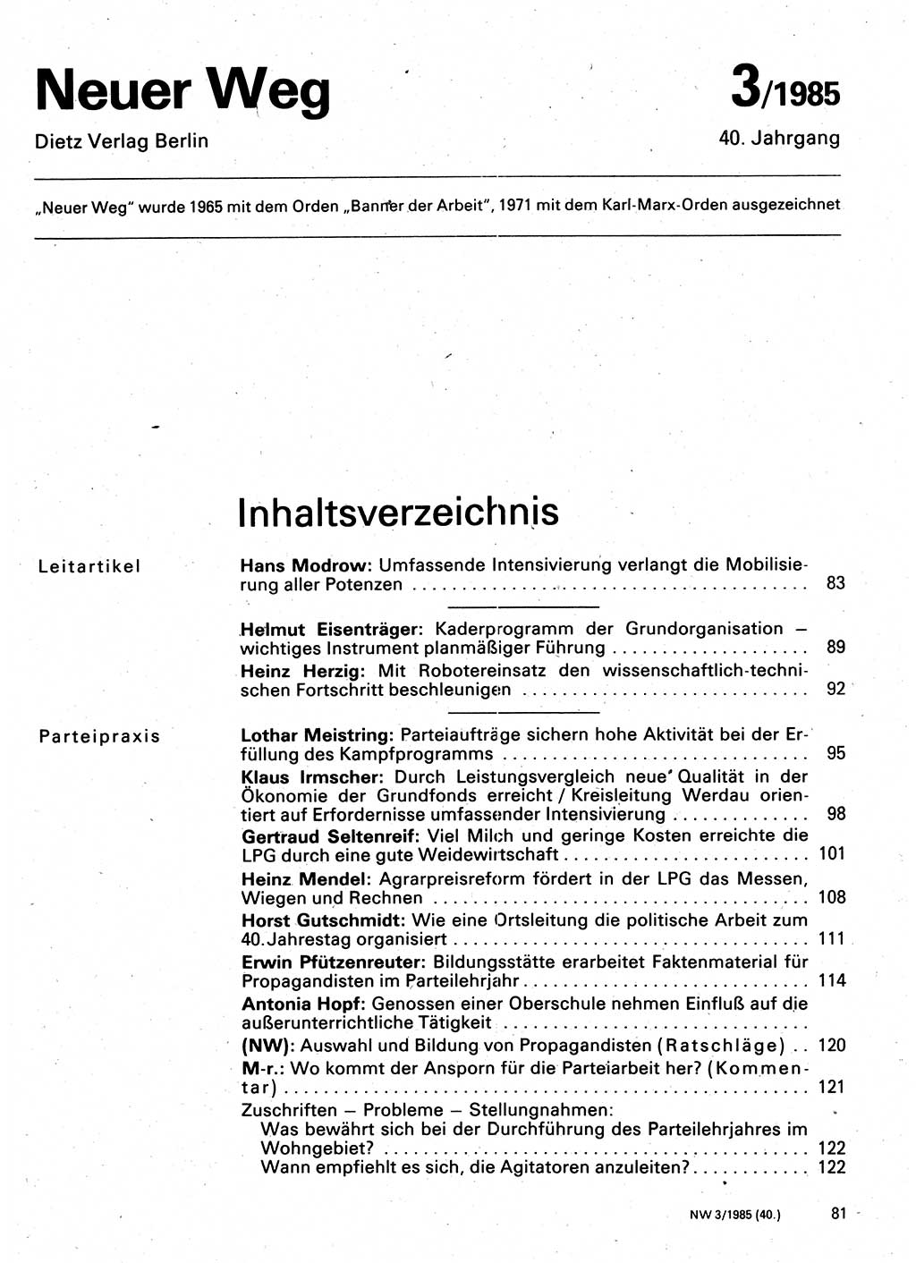 Neuer Weg (NW), Organ des Zentralkomitees (ZK) der SED (Sozialistische Einheitspartei Deutschlands) für Fragen des Parteilebens, 40. Jahrgang [Deutsche Demokratische Republik (DDR)] 1985, Seite 81 (NW ZK SED DDR 1985, S. 81)