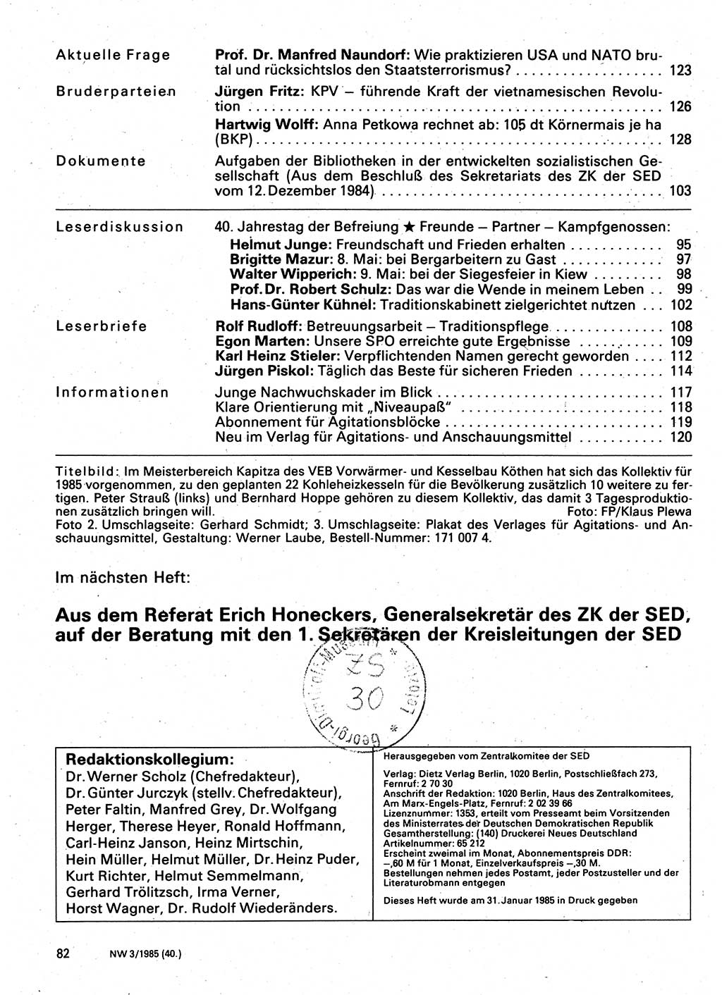 Neuer Weg (NW), Organ des Zentralkomitees (ZK) der SED (Sozialistische Einheitspartei Deutschlands) für Fragen des Parteilebens, 40. Jahrgang [Deutsche Demokratische Republik (DDR)] 1985, Seite 82 (NW ZK SED DDR 1985, S. 82)