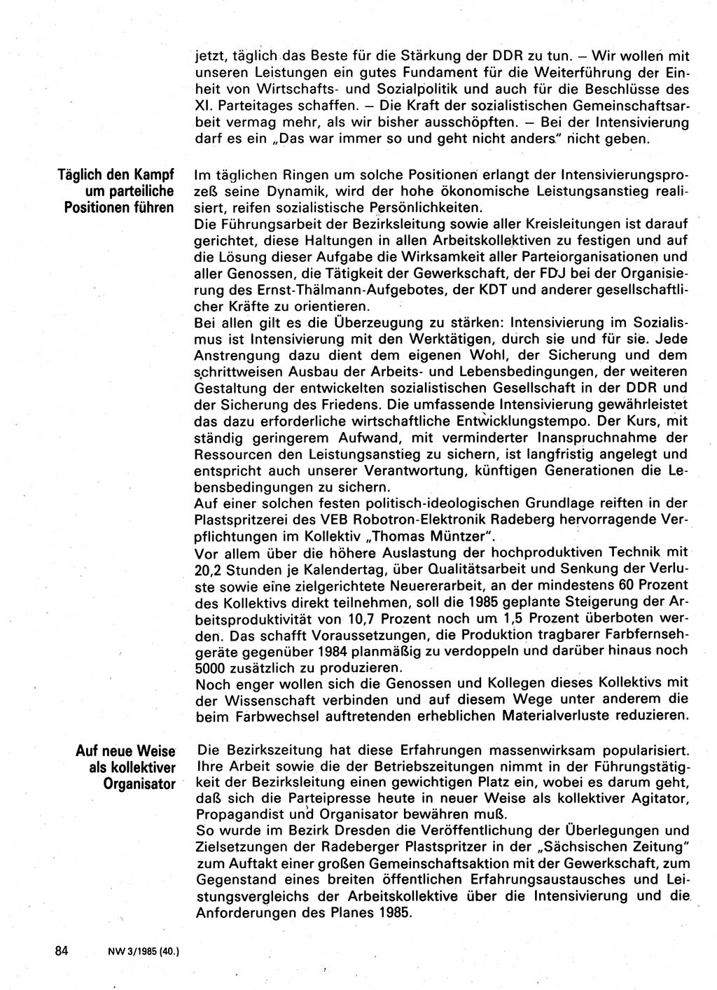 Neuer Weg (NW), Organ des Zentralkomitees (ZK) der SED (Sozialistische Einheitspartei Deutschlands) für Fragen des Parteilebens, 40. Jahrgang [Deutsche Demokratische Republik (DDR)] 1985, Seite 84 (NW ZK SED DDR 1985, S. 84)