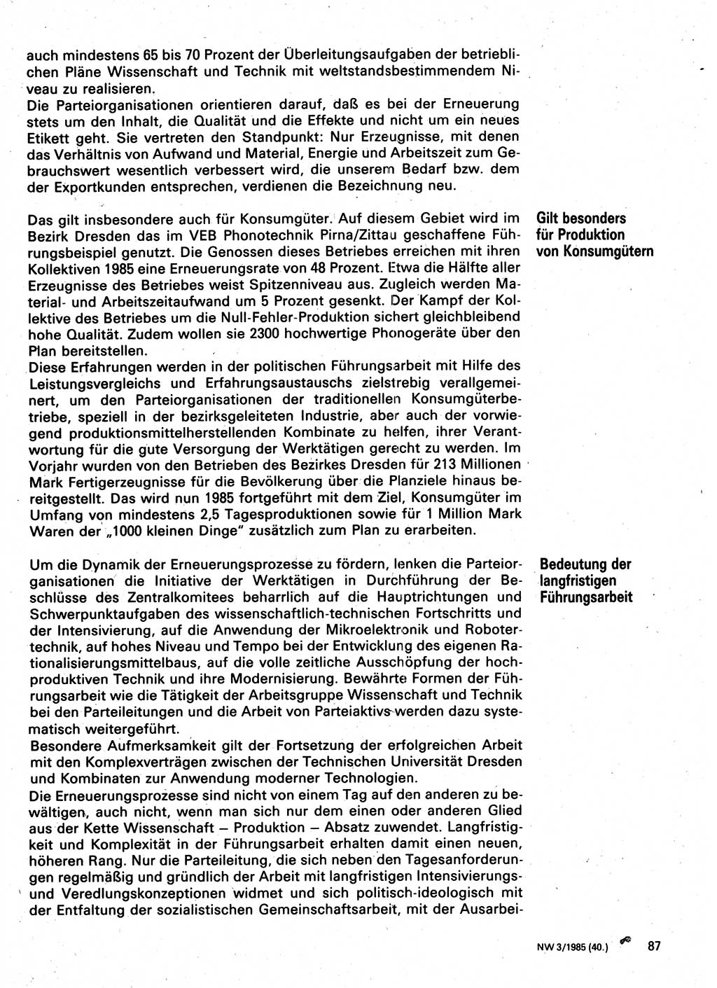 Neuer Weg (NW), Organ des Zentralkomitees (ZK) der SED (Sozialistische Einheitspartei Deutschlands) für Fragen des Parteilebens, 40. Jahrgang [Deutsche Demokratische Republik (DDR)] 1985, Seite 87 (NW ZK SED DDR 1985, S. 87)