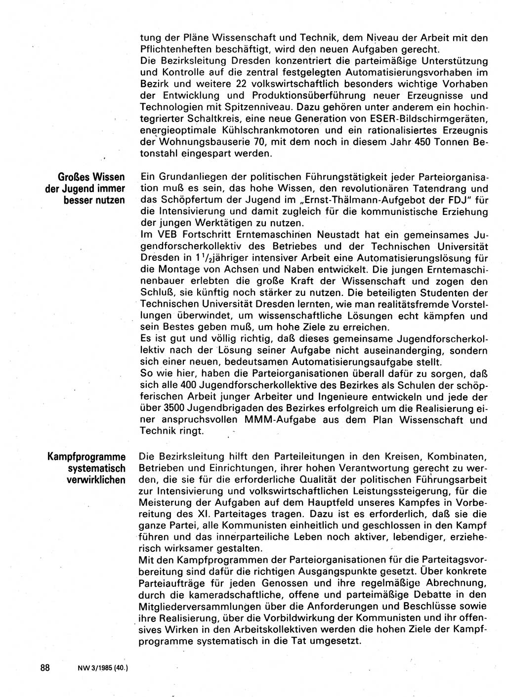 Neuer Weg (NW), Organ des Zentralkomitees (ZK) der SED (Sozialistische Einheitspartei Deutschlands) für Fragen des Parteilebens, 40. Jahrgang [Deutsche Demokratische Republik (DDR)] 1985, Seite 88 (NW ZK SED DDR 1985, S. 88)