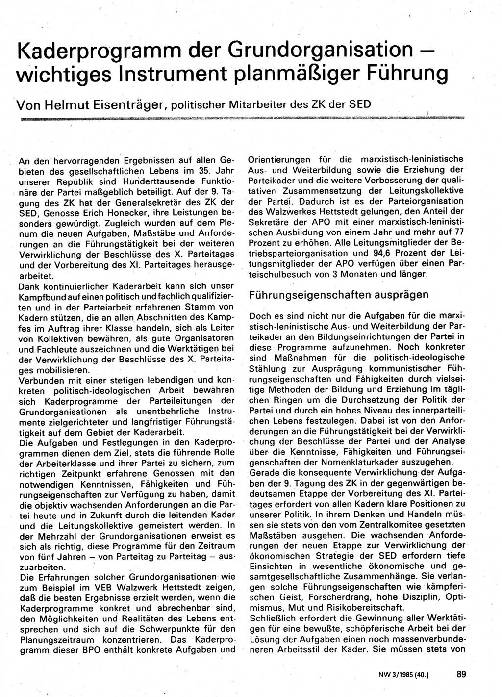 Neuer Weg (NW), Organ des Zentralkomitees (ZK) der SED (Sozialistische Einheitspartei Deutschlands) für Fragen des Parteilebens, 40. Jahrgang [Deutsche Demokratische Republik (DDR)] 1985, Seite 89 (NW ZK SED DDR 1985, S. 89)