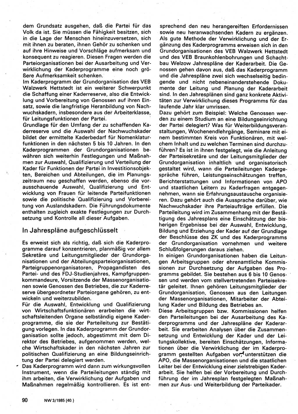 Neuer Weg (NW), Organ des Zentralkomitees (ZK) der SED (Sozialistische Einheitspartei Deutschlands) für Fragen des Parteilebens, 40. Jahrgang [Deutsche Demokratische Republik (DDR)] 1985, Seite 90 (NW ZK SED DDR 1985, S. 90)