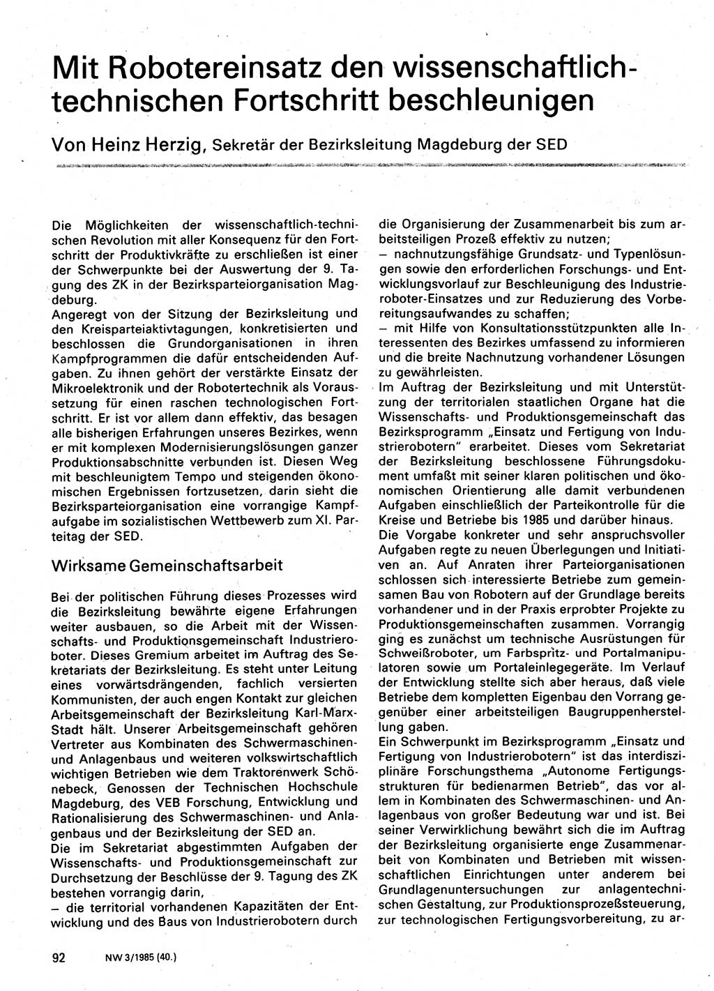 Neuer Weg (NW), Organ des Zentralkomitees (ZK) der SED (Sozialistische Einheitspartei Deutschlands) für Fragen des Parteilebens, 40. Jahrgang [Deutsche Demokratische Republik (DDR)] 1985, Seite 92 (NW ZK SED DDR 1985, S. 92)