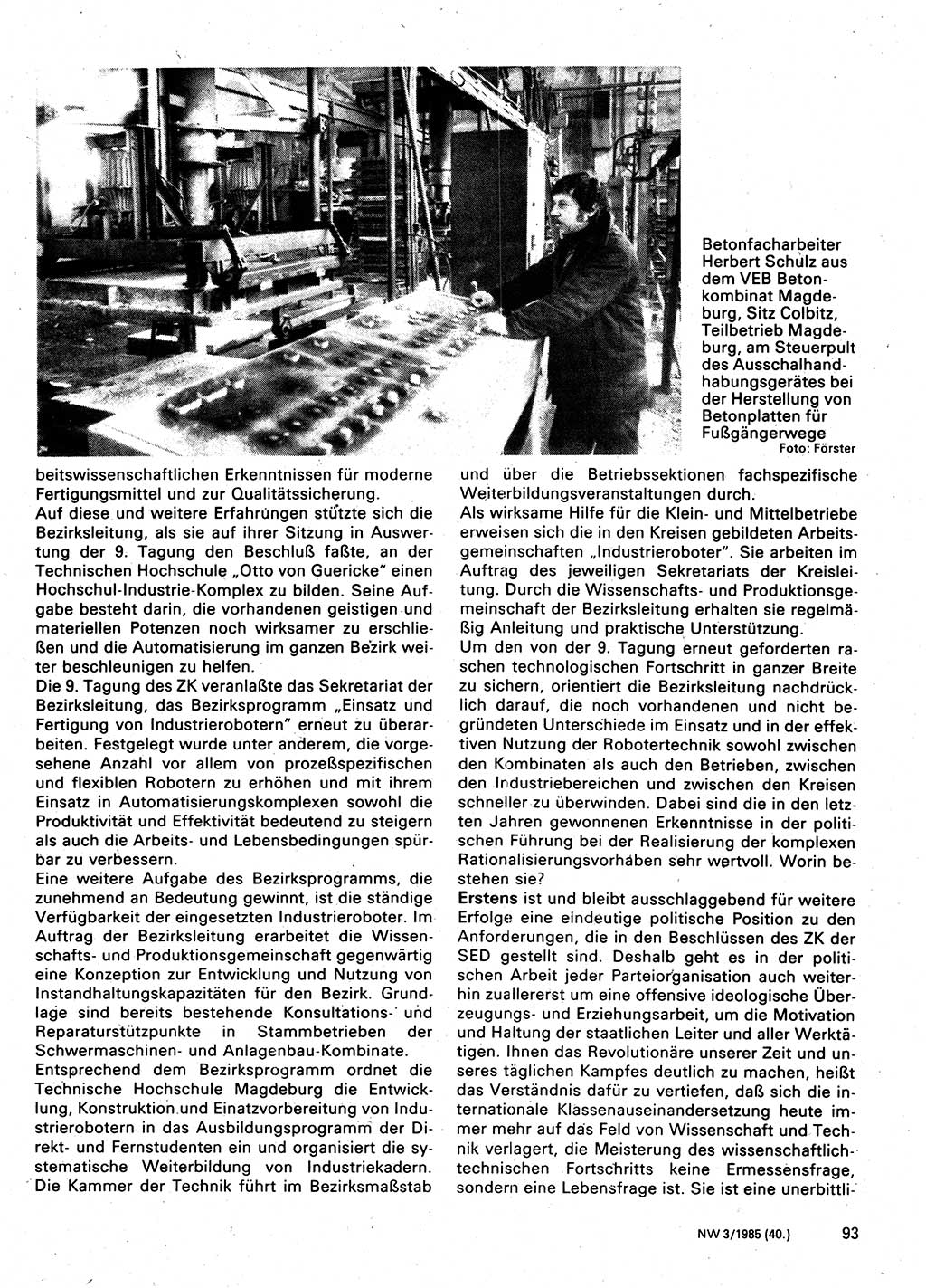 Neuer Weg (NW), Organ des Zentralkomitees (ZK) der SED (Sozialistische Einheitspartei Deutschlands) für Fragen des Parteilebens, 40. Jahrgang [Deutsche Demokratische Republik (DDR)] 1985, Seite 93 (NW ZK SED DDR 1985, S. 93)