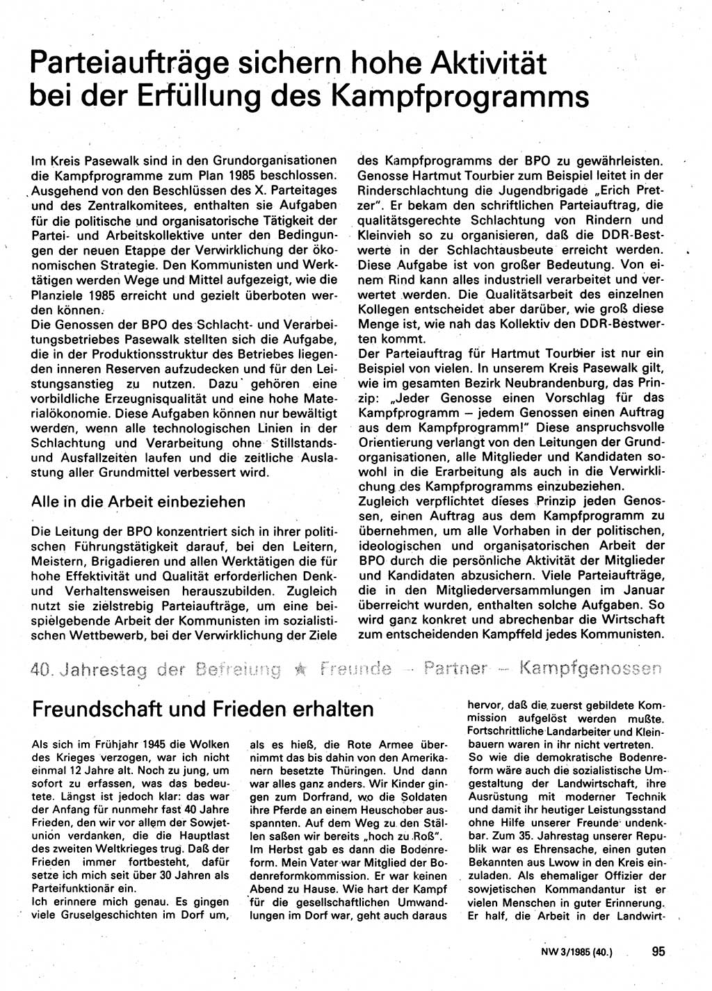 Neuer Weg (NW), Organ des Zentralkomitees (ZK) der SED (Sozialistische Einheitspartei Deutschlands) für Fragen des Parteilebens, 40. Jahrgang [Deutsche Demokratische Republik (DDR)] 1985, Seite 95 (NW ZK SED DDR 1985, S. 95)