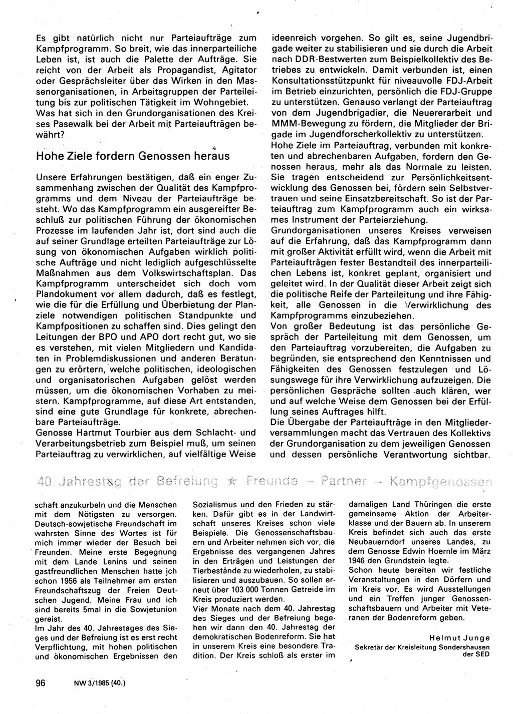 Neuer Weg (NW), Organ des Zentralkomitees (ZK) der SED (Sozialistische Einheitspartei Deutschlands) für Fragen des Parteilebens, 40. Jahrgang [Deutsche Demokratische Republik (DDR)] 1985, Seite 96 (NW ZK SED DDR 1985, S. 96)