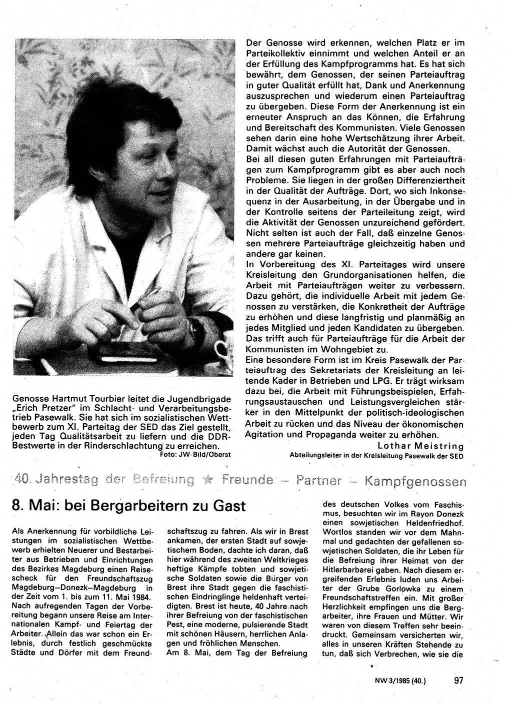Neuer Weg (NW), Organ des Zentralkomitees (ZK) der SED (Sozialistische Einheitspartei Deutschlands) für Fragen des Parteilebens, 40. Jahrgang [Deutsche Demokratische Republik (DDR)] 1985, Seite 97 (NW ZK SED DDR 1985, S. 97)