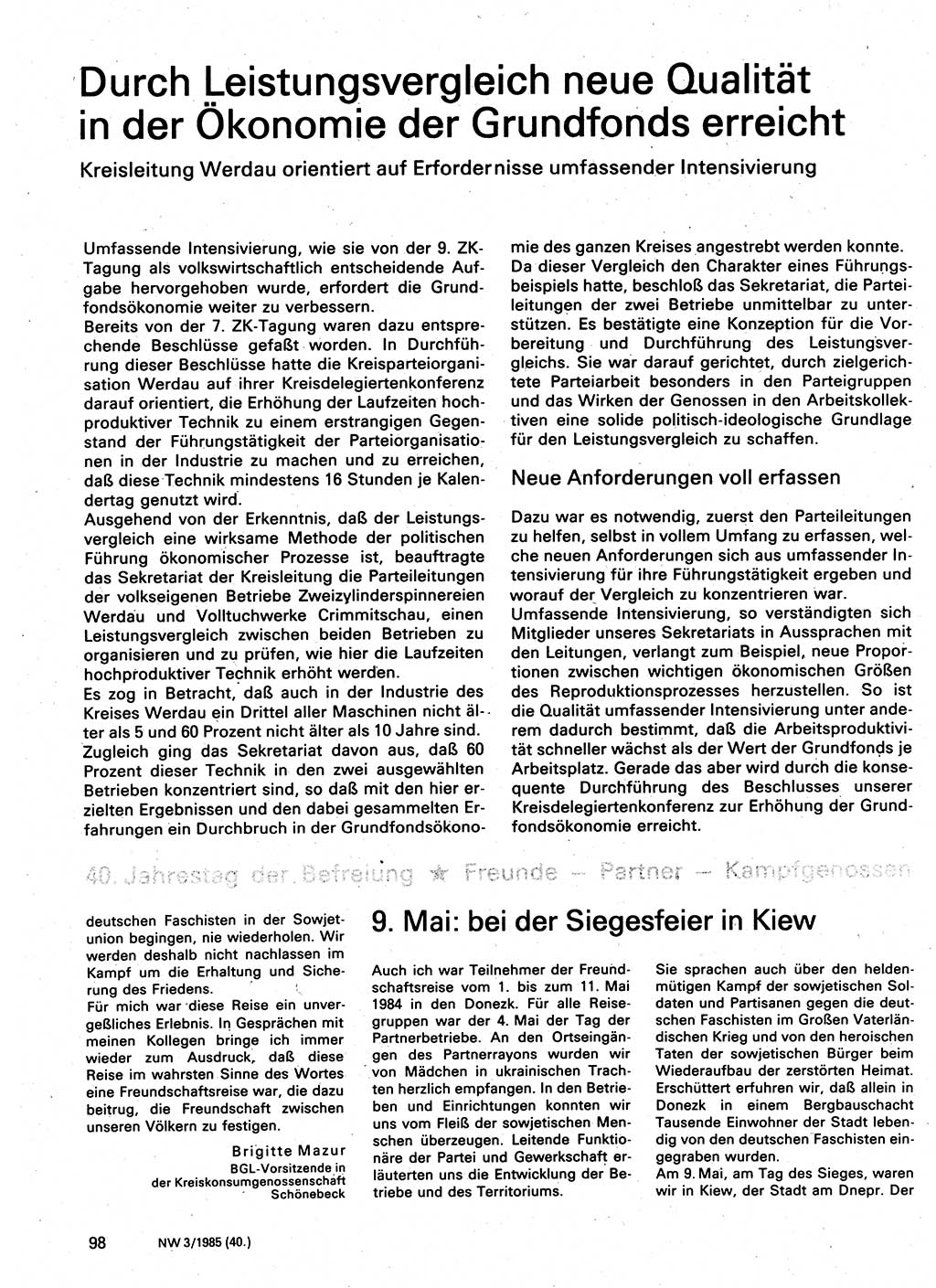 Neuer Weg (NW), Organ des Zentralkomitees (ZK) der SED (Sozialistische Einheitspartei Deutschlands) für Fragen des Parteilebens, 40. Jahrgang [Deutsche Demokratische Republik (DDR)] 1985, Seite 98 (NW ZK SED DDR 1985, S. 98)