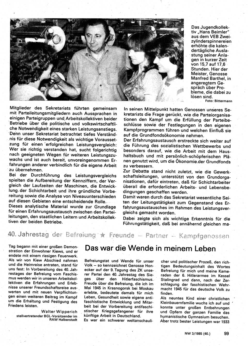 Neuer Weg (NW), Organ des Zentralkomitees (ZK) der SED (Sozialistische Einheitspartei Deutschlands) für Fragen des Parteilebens, 40. Jahrgang [Deutsche Demokratische Republik (DDR)] 1985, Seite 99 (NW ZK SED DDR 1985, S. 99)