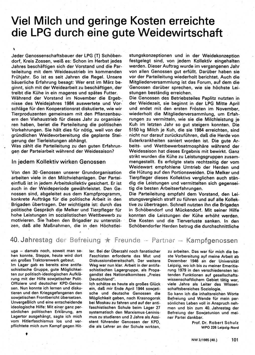 Neuer Weg (NW), Organ des Zentralkomitees (ZK) der SED (Sozialistische Einheitspartei Deutschlands) für Fragen des Parteilebens, 40. Jahrgang [Deutsche Demokratische Republik (DDR)] 1985, Seite 101 (NW ZK SED DDR 1985, S. 101)