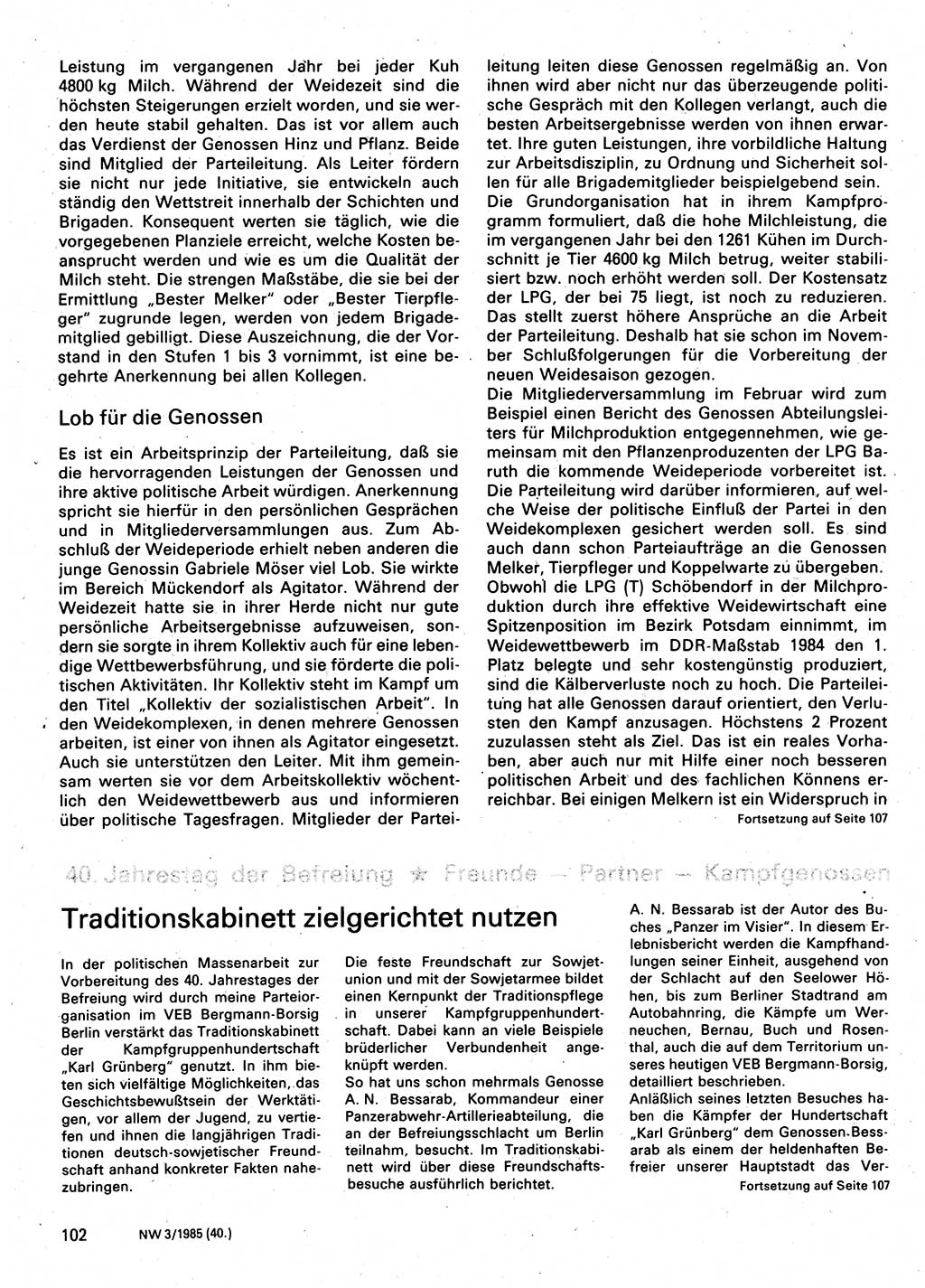 Neuer Weg (NW), Organ des Zentralkomitees (ZK) der SED (Sozialistische Einheitspartei Deutschlands) für Fragen des Parteilebens, 40. Jahrgang [Deutsche Demokratische Republik (DDR)] 1985, Seite 102 (NW ZK SED DDR 1985, S. 102)