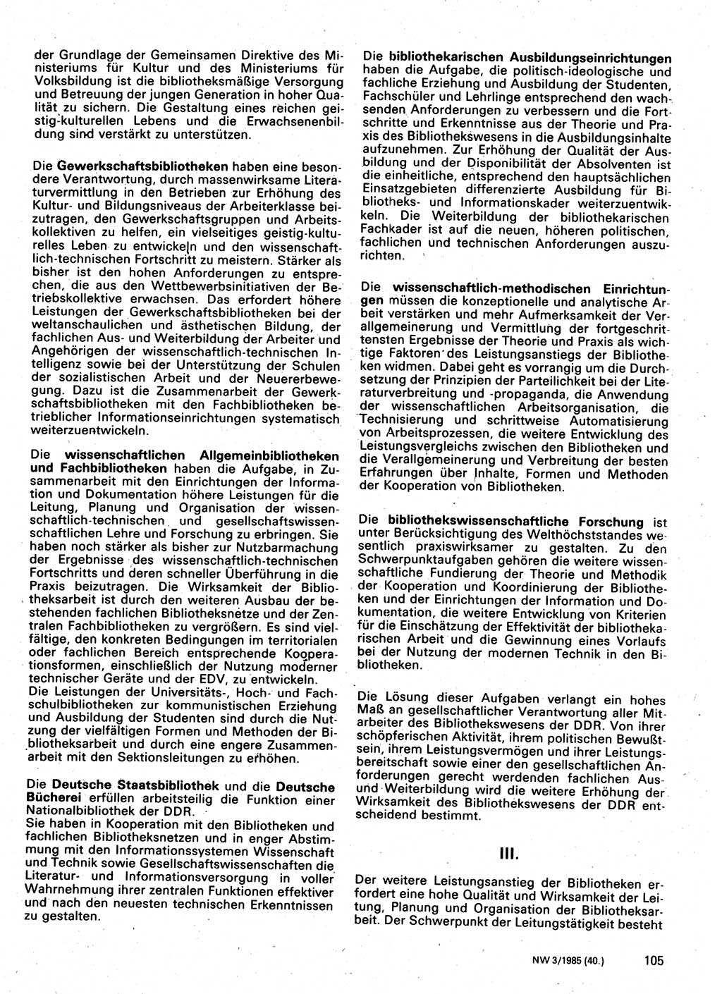 Neuer Weg (NW), Organ des Zentralkomitees (ZK) der SED (Sozialistische Einheitspartei Deutschlands) für Fragen des Parteilebens, 40. Jahrgang [Deutsche Demokratische Republik (DDR)] 1985, Seite 105 (NW ZK SED DDR 1985, S. 105)