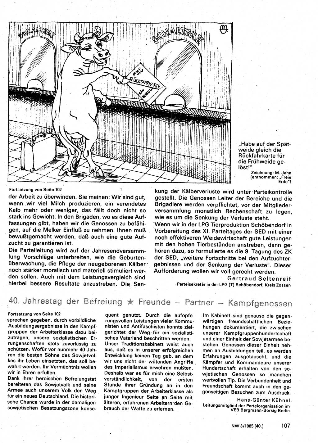 Neuer Weg (NW), Organ des Zentralkomitees (ZK) der SED (Sozialistische Einheitspartei Deutschlands) für Fragen des Parteilebens, 40. Jahrgang [Deutsche Demokratische Republik (DDR)] 1985, Seite 107 (NW ZK SED DDR 1985, S. 107)