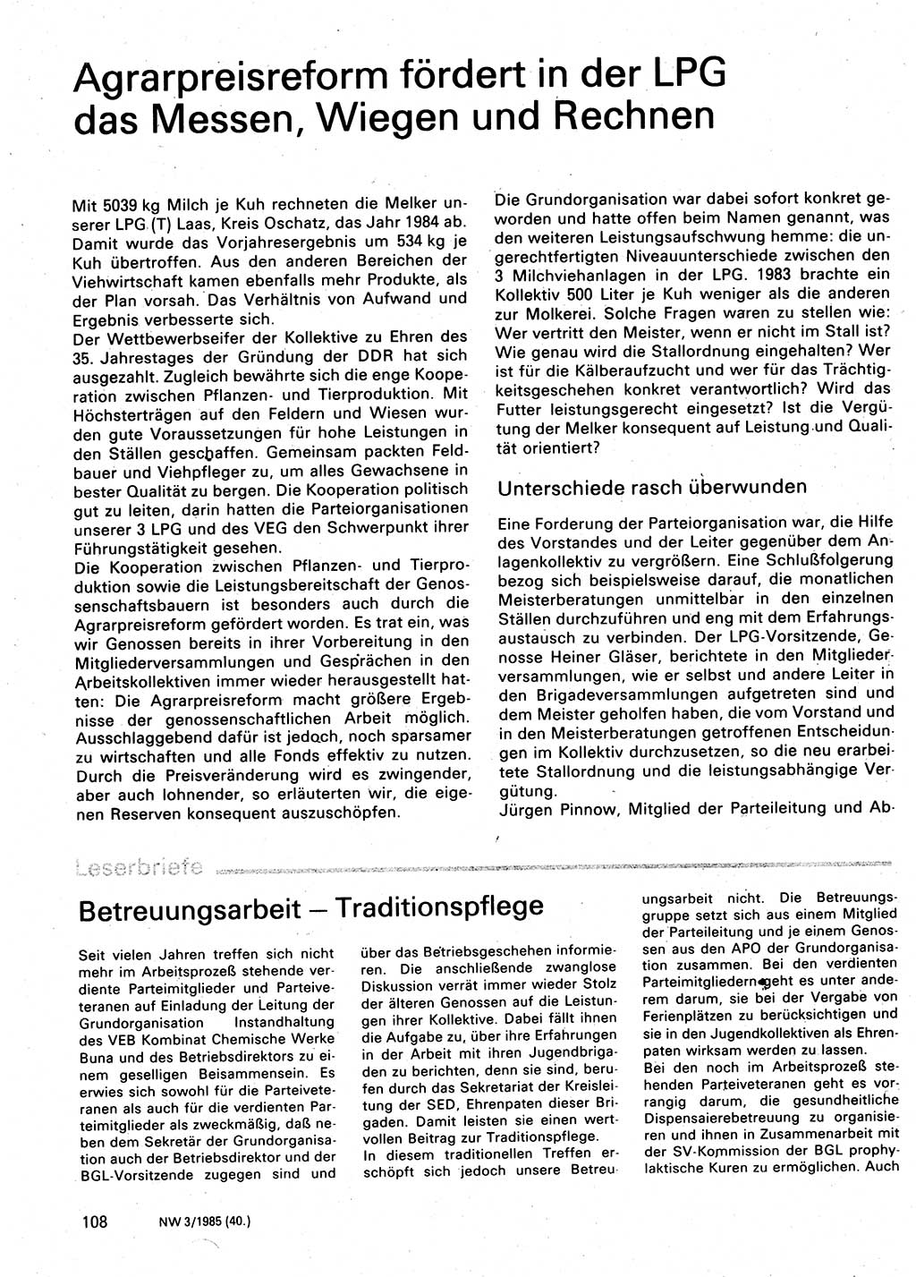 Neuer Weg (NW), Organ des Zentralkomitees (ZK) der SED (Sozialistische Einheitspartei Deutschlands) für Fragen des Parteilebens, 40. Jahrgang [Deutsche Demokratische Republik (DDR)] 1985, Seite 108 (NW ZK SED DDR 1985, S. 108)