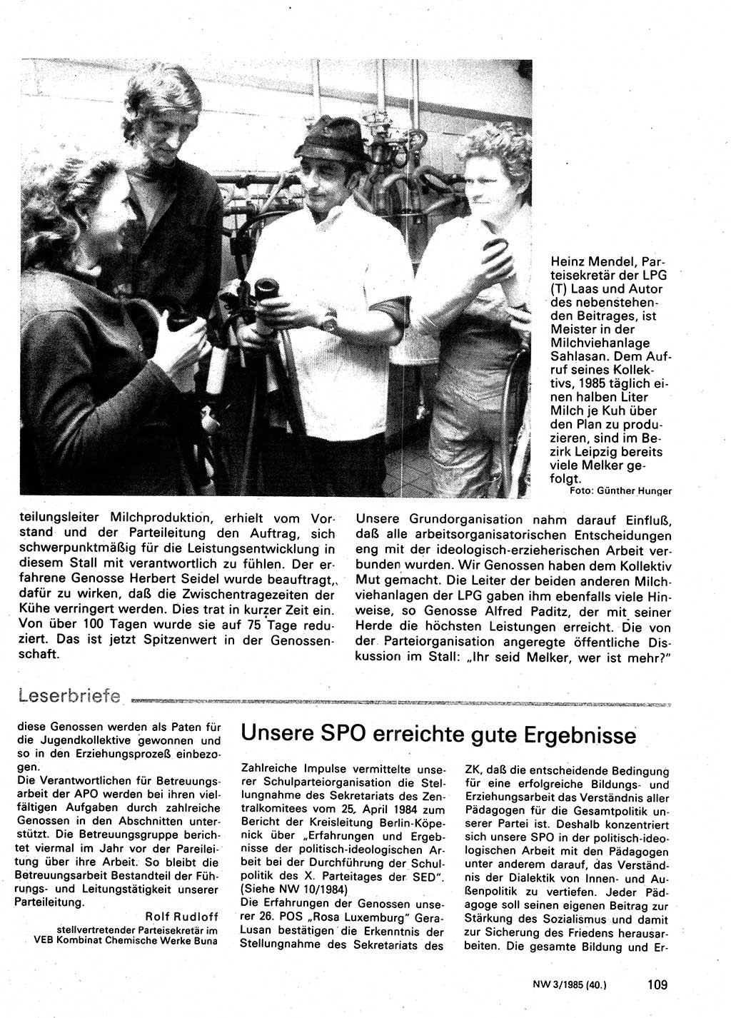 Neuer Weg (NW), Organ des Zentralkomitees (ZK) der SED (Sozialistische Einheitspartei Deutschlands) für Fragen des Parteilebens, 40. Jahrgang [Deutsche Demokratische Republik (DDR)] 1985, Seite 109 (NW ZK SED DDR 1985, S. 109)