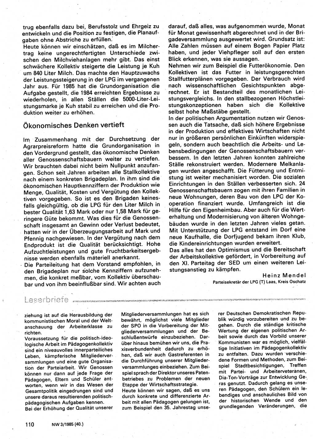 Neuer Weg (NW), Organ des Zentralkomitees (ZK) der SED (Sozialistische Einheitspartei Deutschlands) für Fragen des Parteilebens, 40. Jahrgang [Deutsche Demokratische Republik (DDR)] 1985, Seite 110 (NW ZK SED DDR 1985, S. 110)