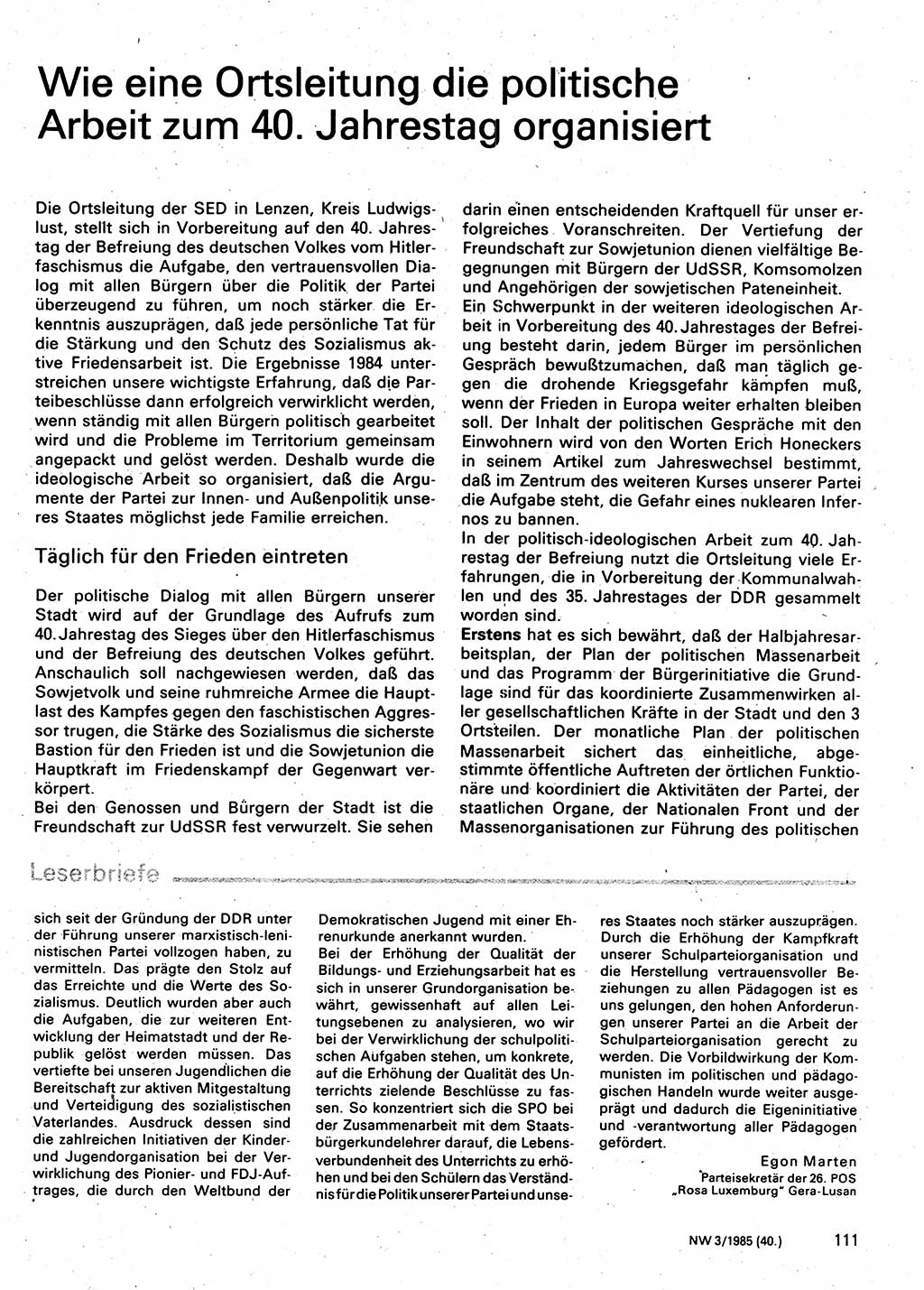 Neuer Weg (NW), Organ des Zentralkomitees (ZK) der SED (Sozialistische Einheitspartei Deutschlands) für Fragen des Parteilebens, 40. Jahrgang [Deutsche Demokratische Republik (DDR)] 1985, Seite 111 (NW ZK SED DDR 1985, S. 111)