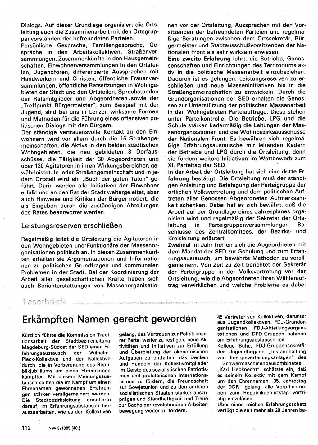 Neuer Weg (NW), Organ des Zentralkomitees (ZK) der SED (Sozialistische Einheitspartei Deutschlands) für Fragen des Parteilebens, 40. Jahrgang [Deutsche Demokratische Republik (DDR)] 1985, Seite 112 (NW ZK SED DDR 1985, S. 112)